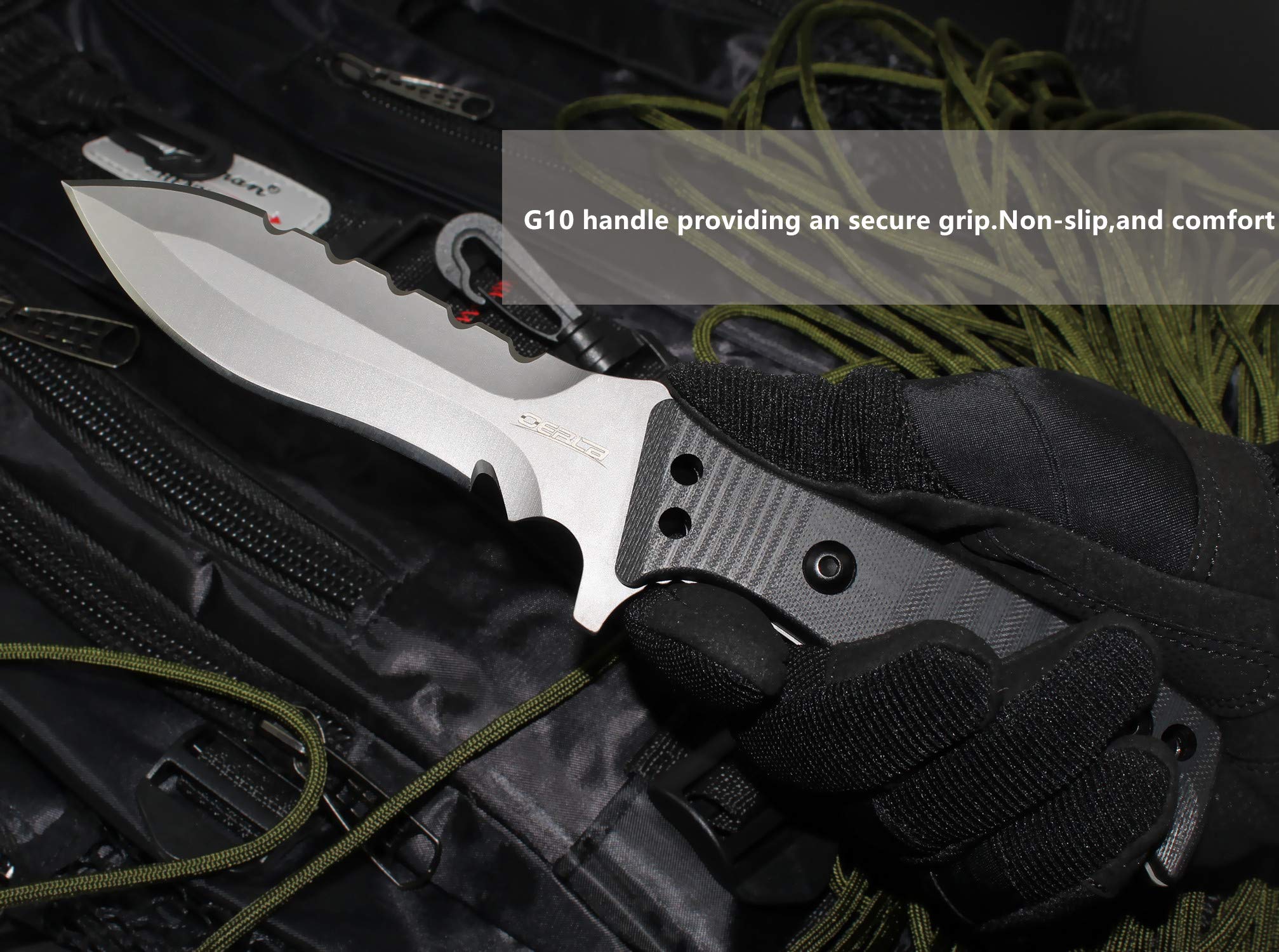 OERLA TAC OL-0021SD Fixed Blade Knife - 420HC Stainless Steel Hunting & Survival Knife with G10 Handle, Double Sided Blade, Waist Clip & Kydex Sheath - Perfect for Camping, Outdoor Adventures & EDC (Black)