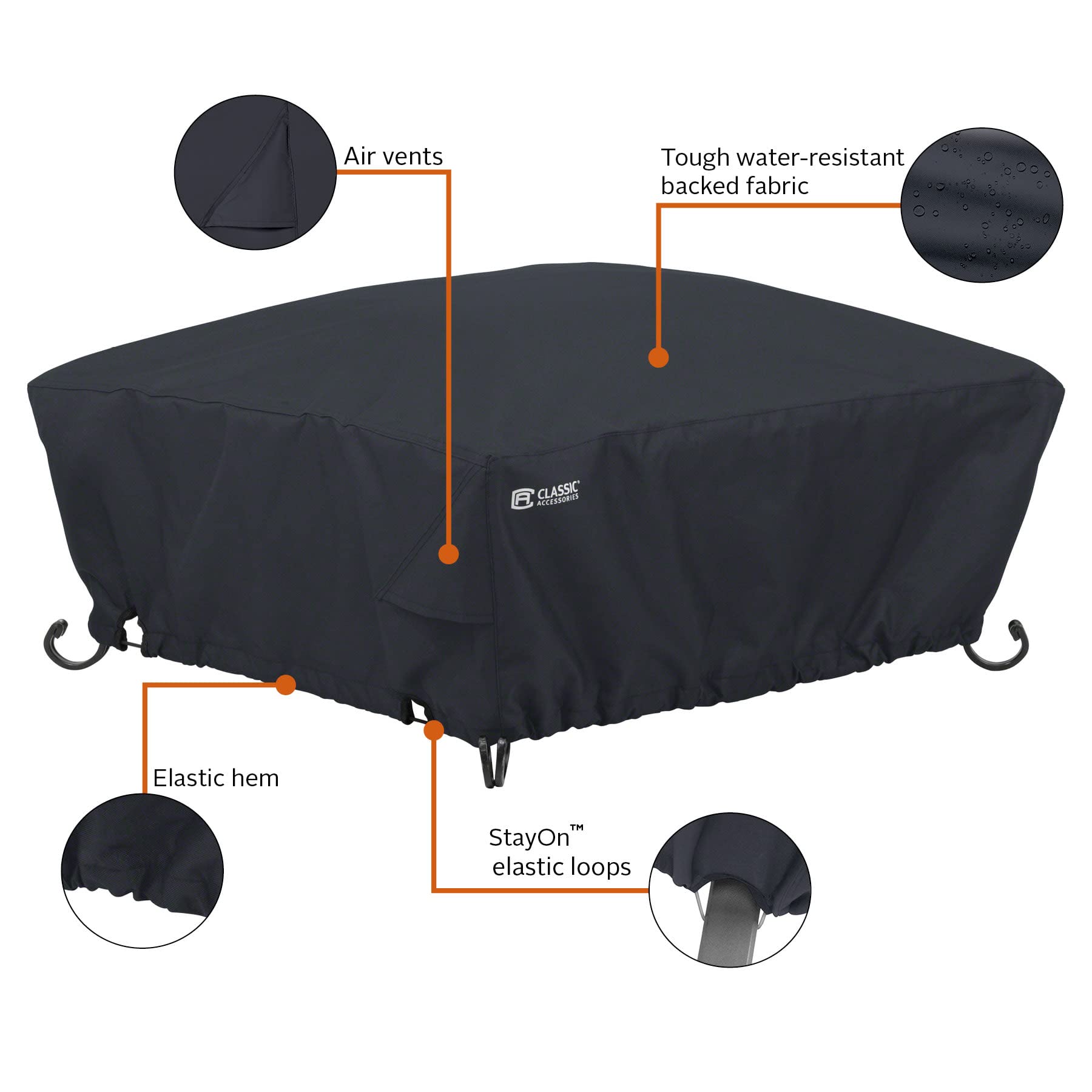 Classic Accessories 36 Inch Water-Resistant Square Fire Pit Cover - Full Coverage Patio Furniture Protector for Outdoor Use in All Weather Conditions