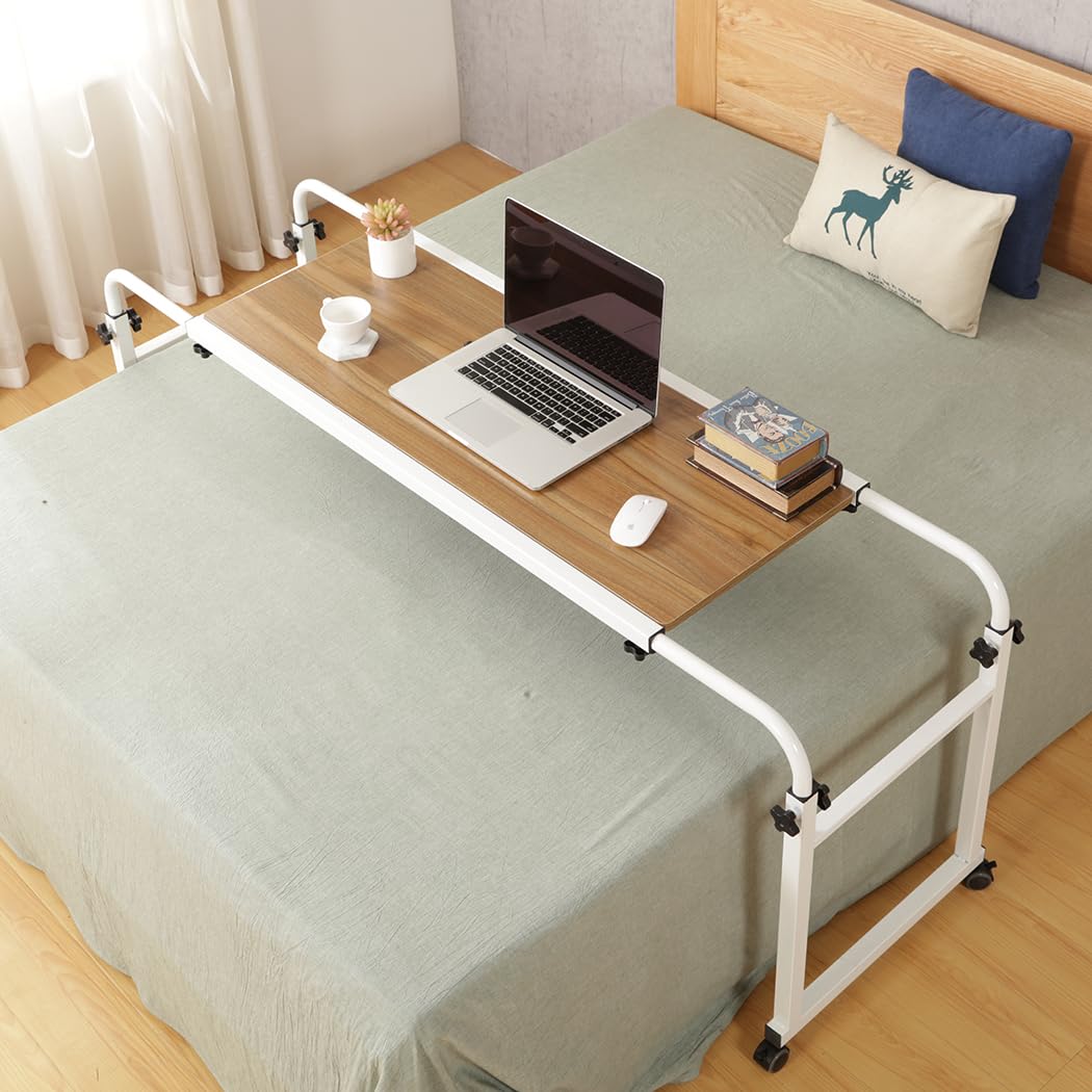 Adjustable Overbed Table with Wheels - Rolling Laptop Desk for Hospital, Home & Office - White - Perfect for Eating, Working & Reading in Bed