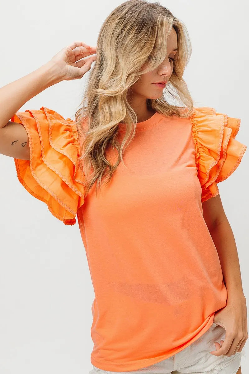 BiBi Knit Top with Woven Ruffle & Tiered Sleeves - Stylish Women's Blouse for Casual Outings, Date Nights & Office Wear