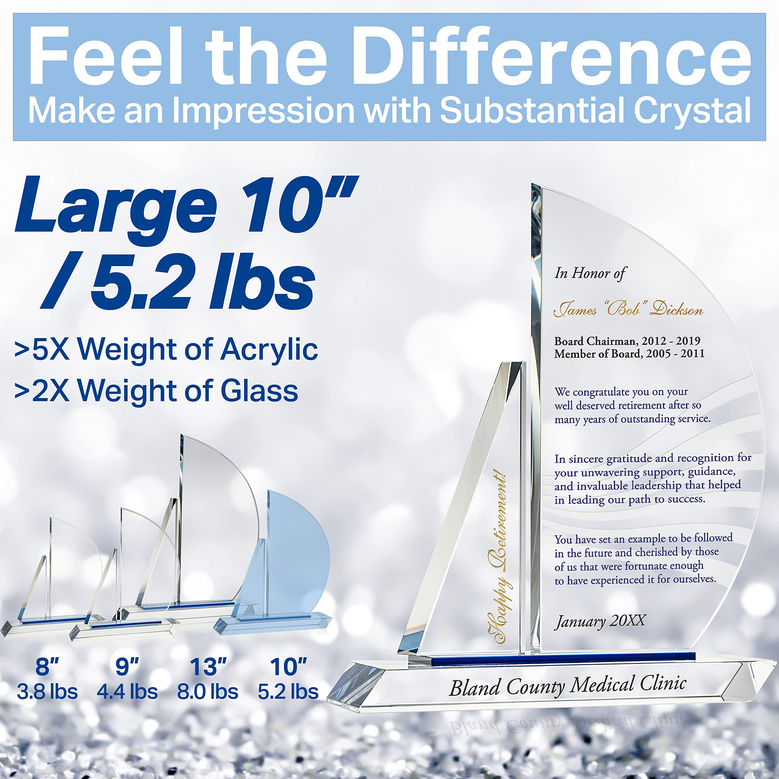 Personalized Engraved Crystal Sailboat Retirement Gift for Executives - CEO, President, Board Member - 10 Inch Custom Plaque for Him & Her | Perfect Office Decor & Milestone Celebration Gift
