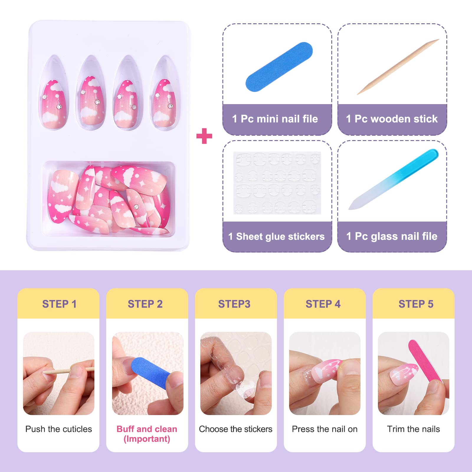 24PCS Medium Length Almond Press On Nails - Ombre Pink Acrylic Fake Nails with White Cloud & Crystal Design | Glossy Artificial Stick On Nails for Women | Perfect for Parties, Weddings & Everyday Manicures