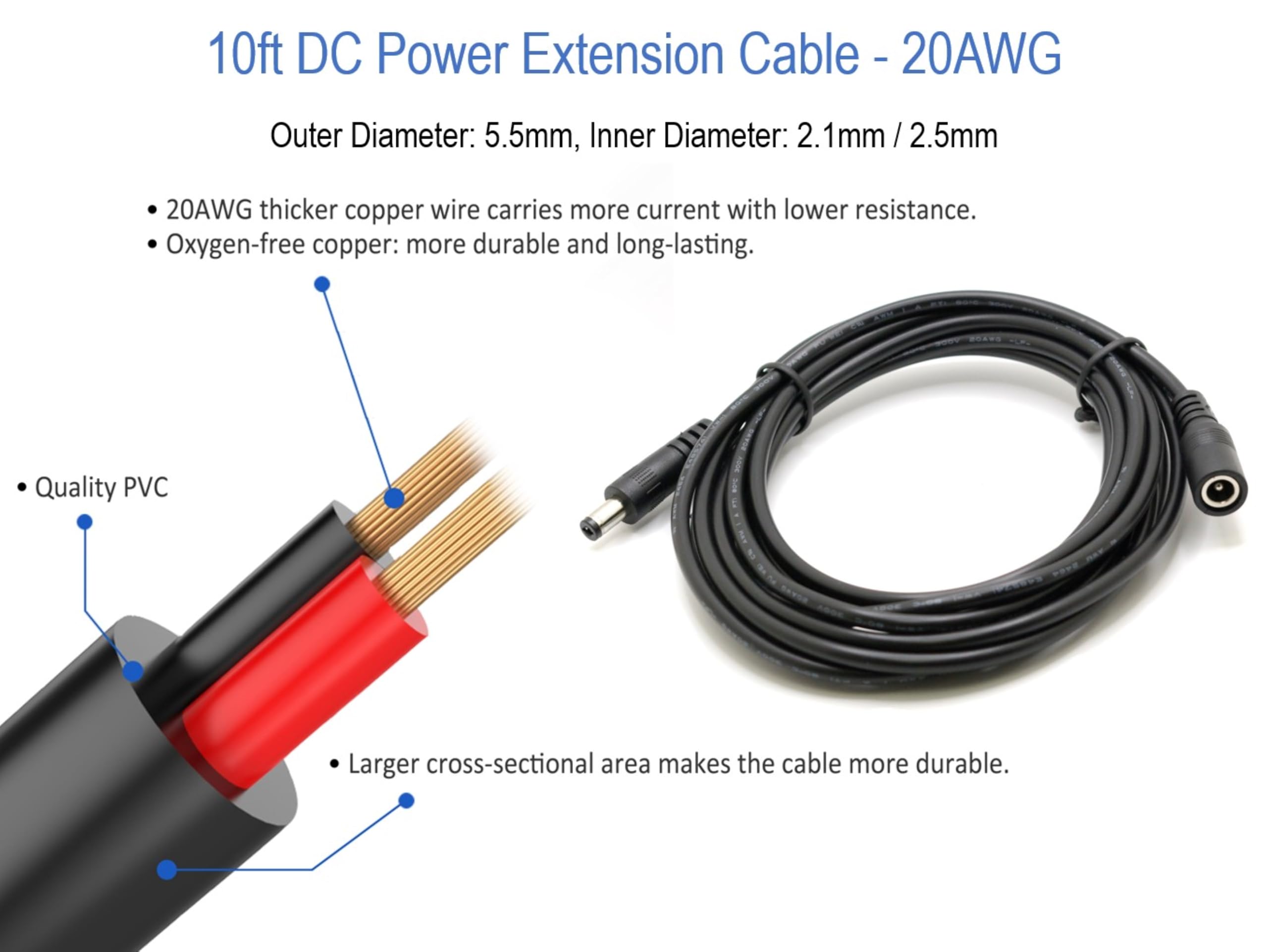 12V 3A Power Supply Adapter with 10ft DC Power Extension Cable - 100-240V AC to DC 12V 3A Converter - Compatible with CCTV, DVR, NVR, LED Strip Lights - 5.5x2.1/2.5mm DC Plug - UL Listed - Perfect for Home Security & DIY Lighting Projects
