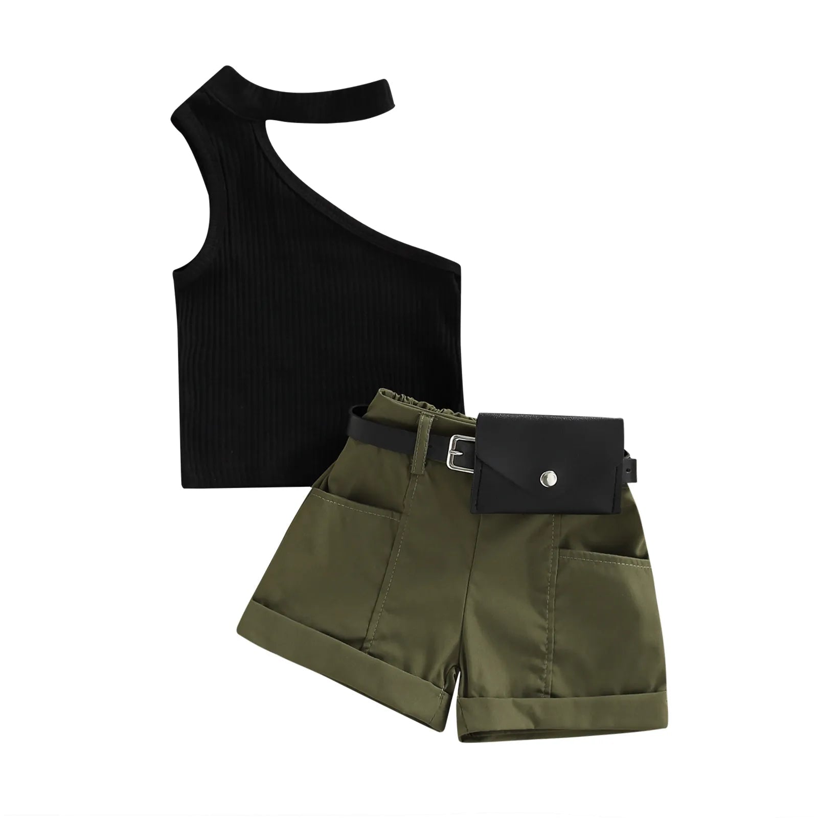 6m-4Y Baby Girl Clothes Set - Toddler Knit Sleeveless Top & Shorts Outfit with Waist Pack | Summer Casual Wear for Infants & Kids | Perfect for Playdates, Beach Trips & Outdoor Activities