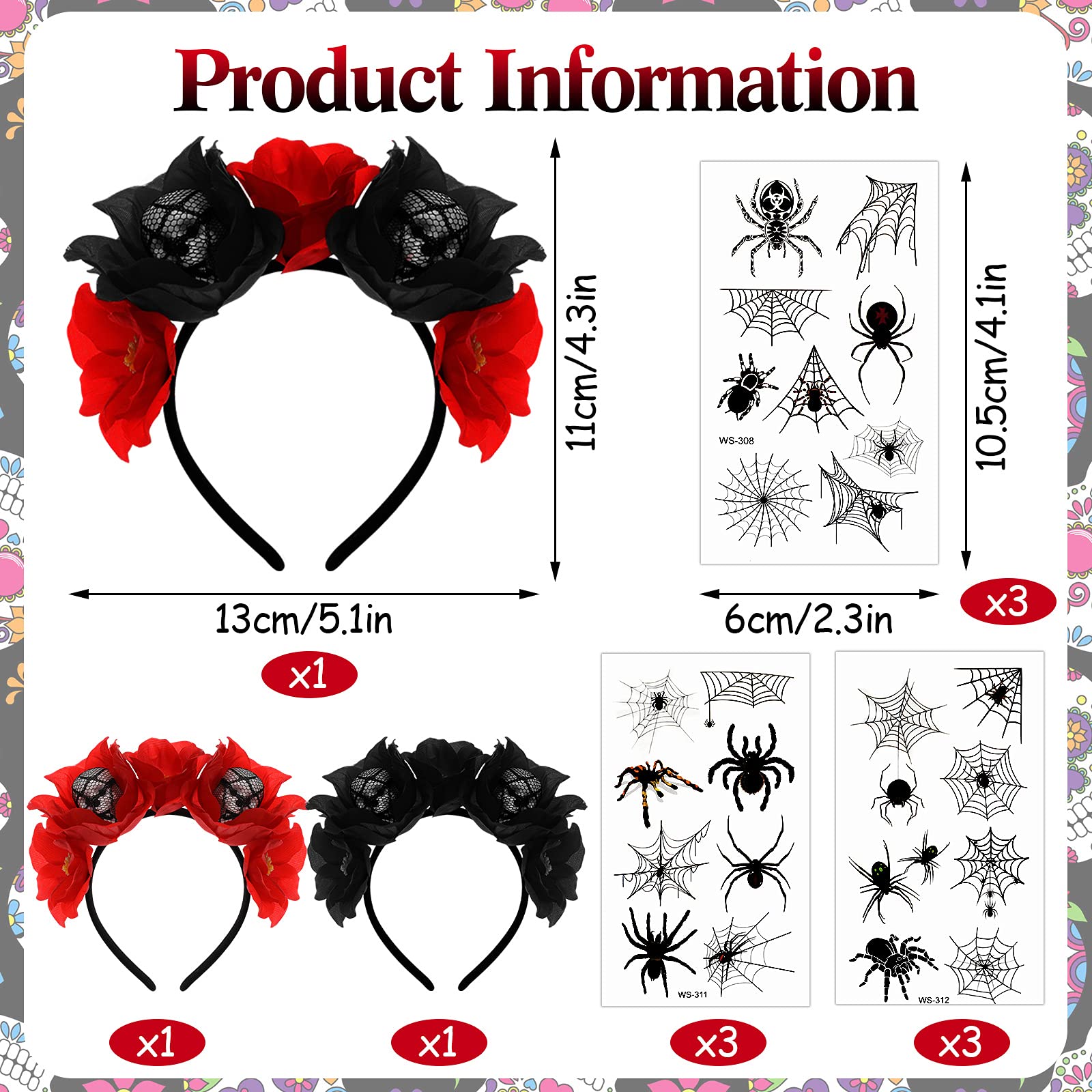 3-Piece Day of the Dead Headband with Rose Floral Crown & Skull Hair Hoop + 9-Piece Spider Web Tattoo Stickers - Halloween Costume Accessories for Women & Men - Perfect for Parties, Cosplay, and Festive Celebrations