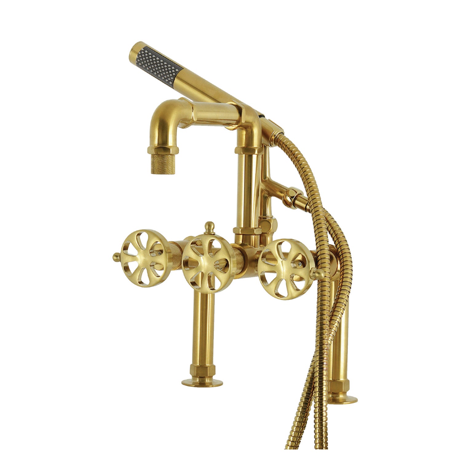 Belknap AE6407RX Brushed Brass 3-Handle 2-Hole Deck Mount Clawfoot Bathtub Faucet with Hand Shower - Vintage Style Bathroom Fixture for Classic & Modern Bathrooms