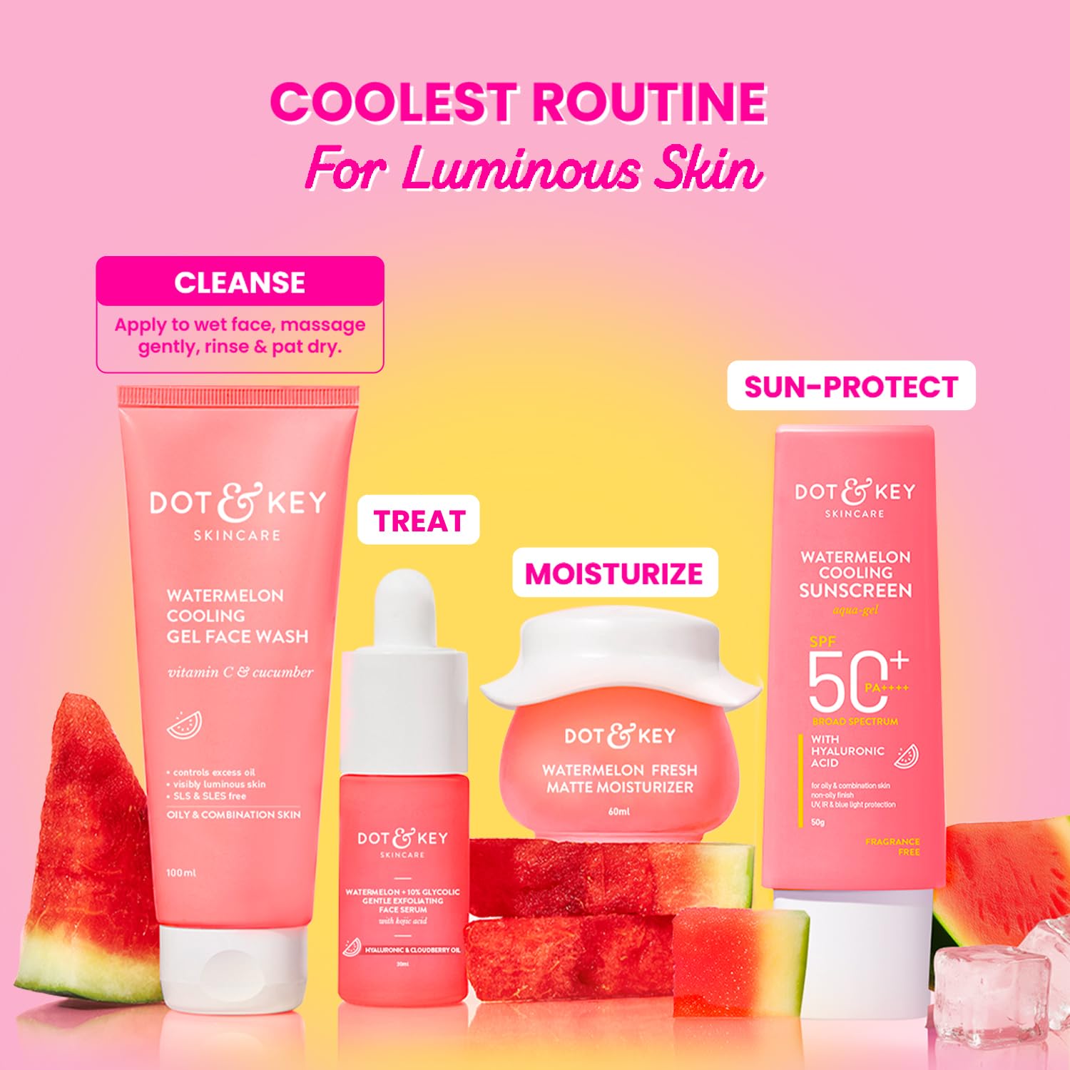Dot & Key Watermelon Cooling Gel Face Wash with Vitamin C & Cucumber - Oil-Free Cleanser for Glowing Skin | Removes Excess Oil & Dirt | Suitable for Combination & Oily Skin - Men & Women | 100ml | Perfect for Summer Skincare & Daily Refreshing Routine