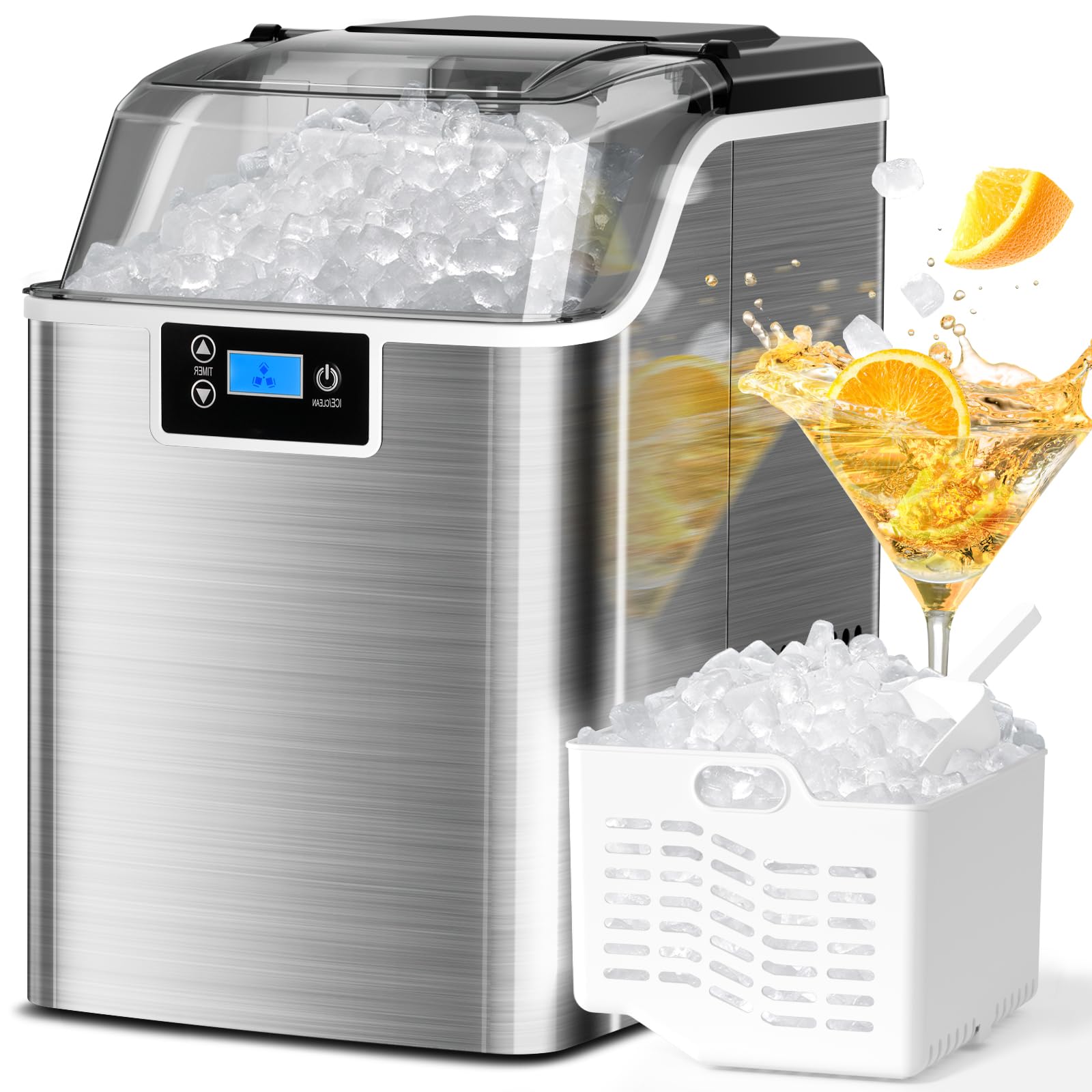 ZAFRO 45lbs/Day Countertop Nugget Ice Maker with Self-Cleaning, 24-Hour Timer & LED Display - Portable Pebble Ice Machine with Ice Scoop & Basket - Perfect for Home, Office, Bar, Party, RV, and Outdoor Gatherings (Stainless Steel Silver)
