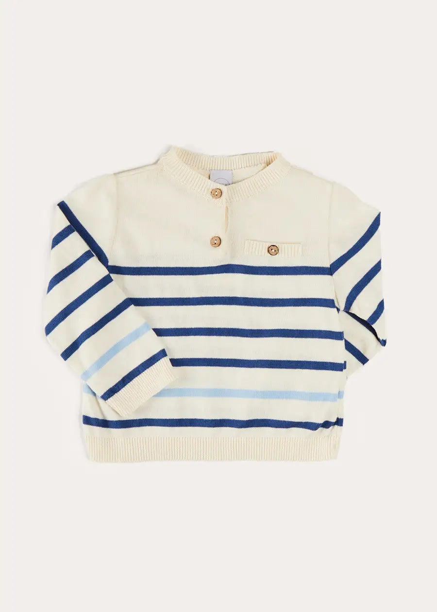 Blue Striped Crewneck Button Detail Jumper for Kids (12 Months - 10 Years) - Perfect for School, Playdates & Casual Outings