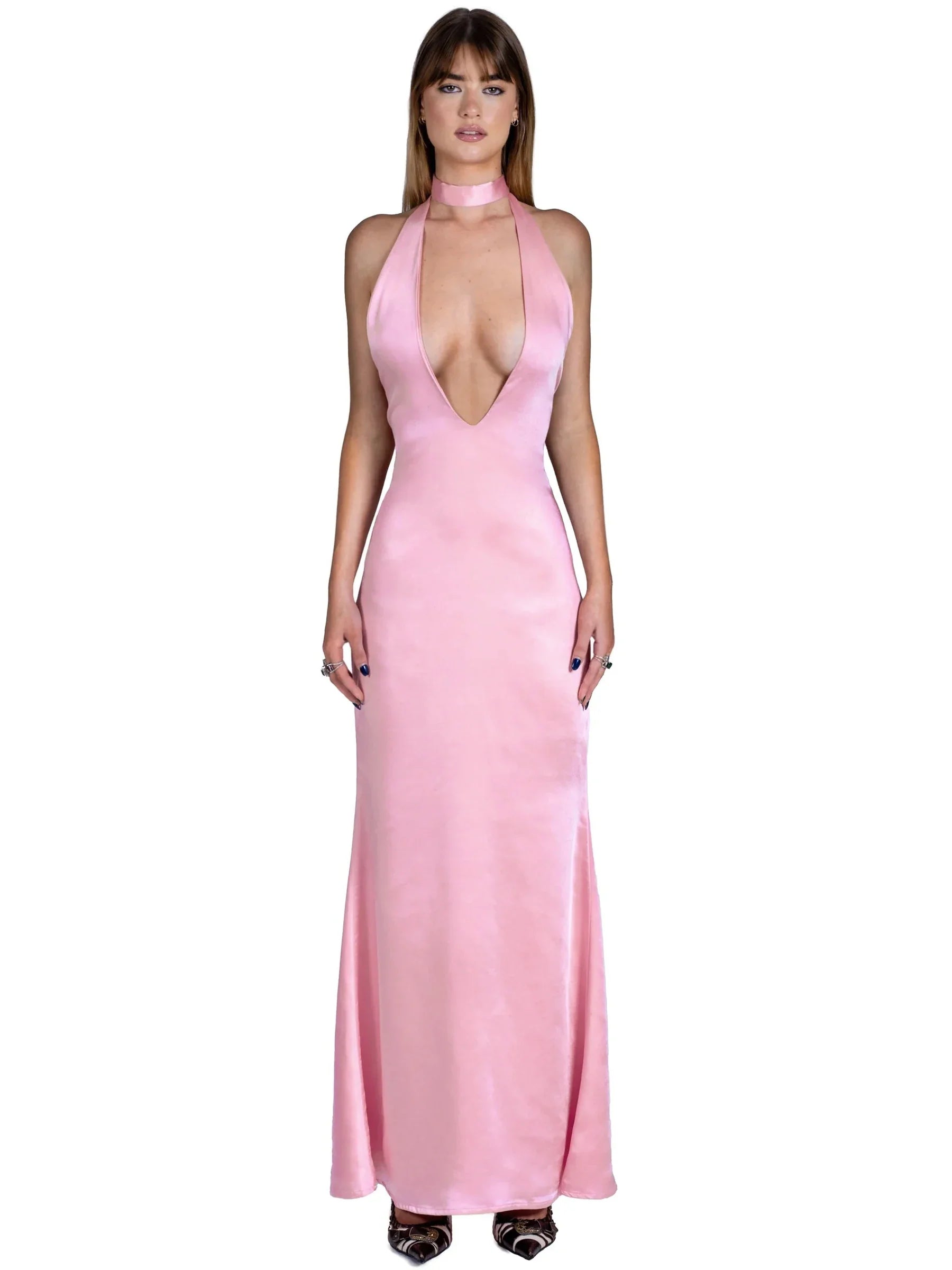 Articat Women's Sexy Sleeveless Satin Open Back Dress - Deep V Neck Lace Up Slim Fit Evening Gown for Party, Club & Formal Events | Elegant Cocktail Dress for Night Out, Date Night & Special Occasions