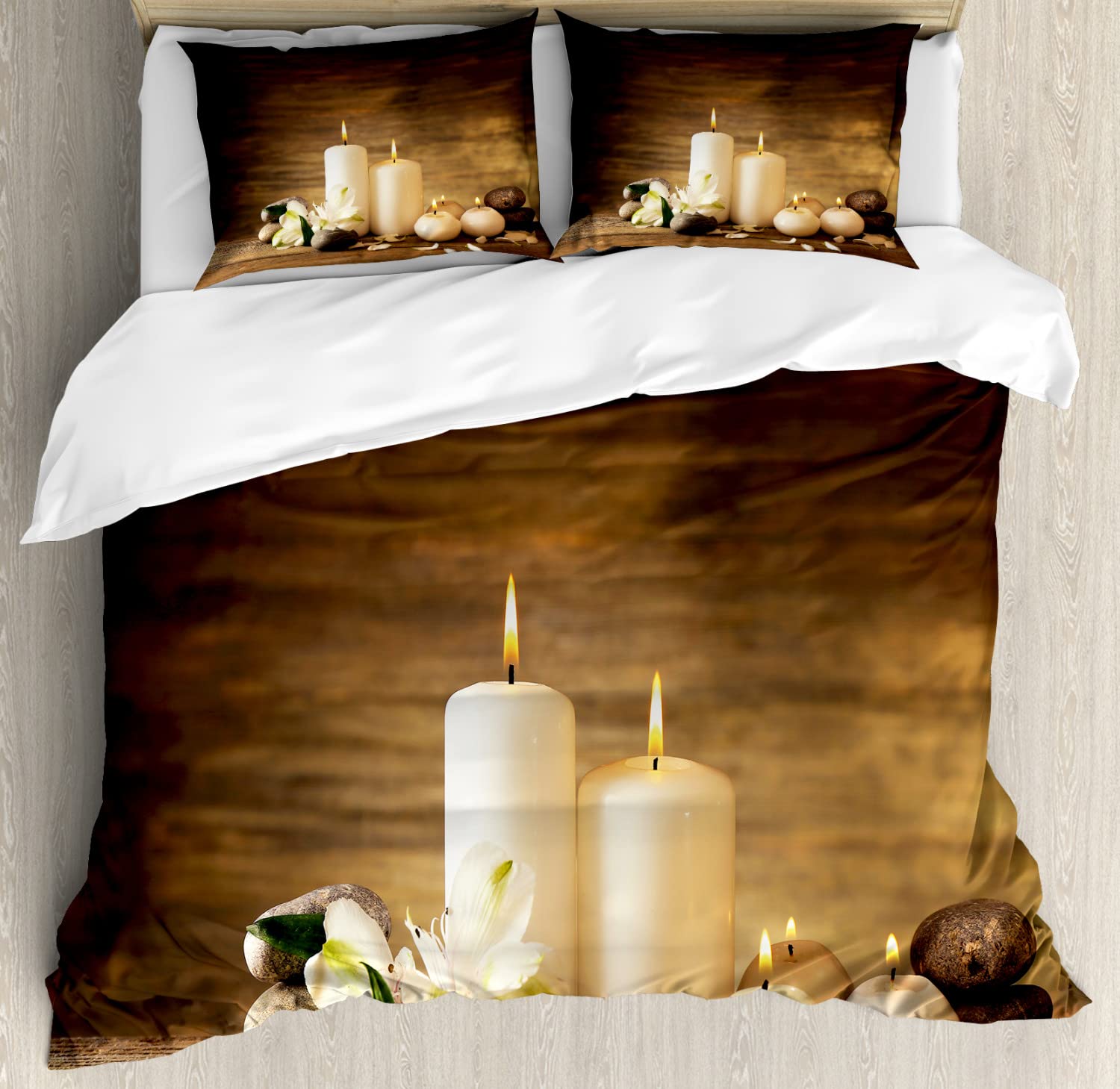 Ambesonne Winter Valentine's Day Spa Duvet Cover Set - Candle, Flowers & Stones Print Bedding (2 Duvet Covers + 4 Pillowcases) - 2 Pack California King Size in White, Black & Brown - Perfect for Romantic Bedrooms, Couples Retreats & Cozy Winter Nights