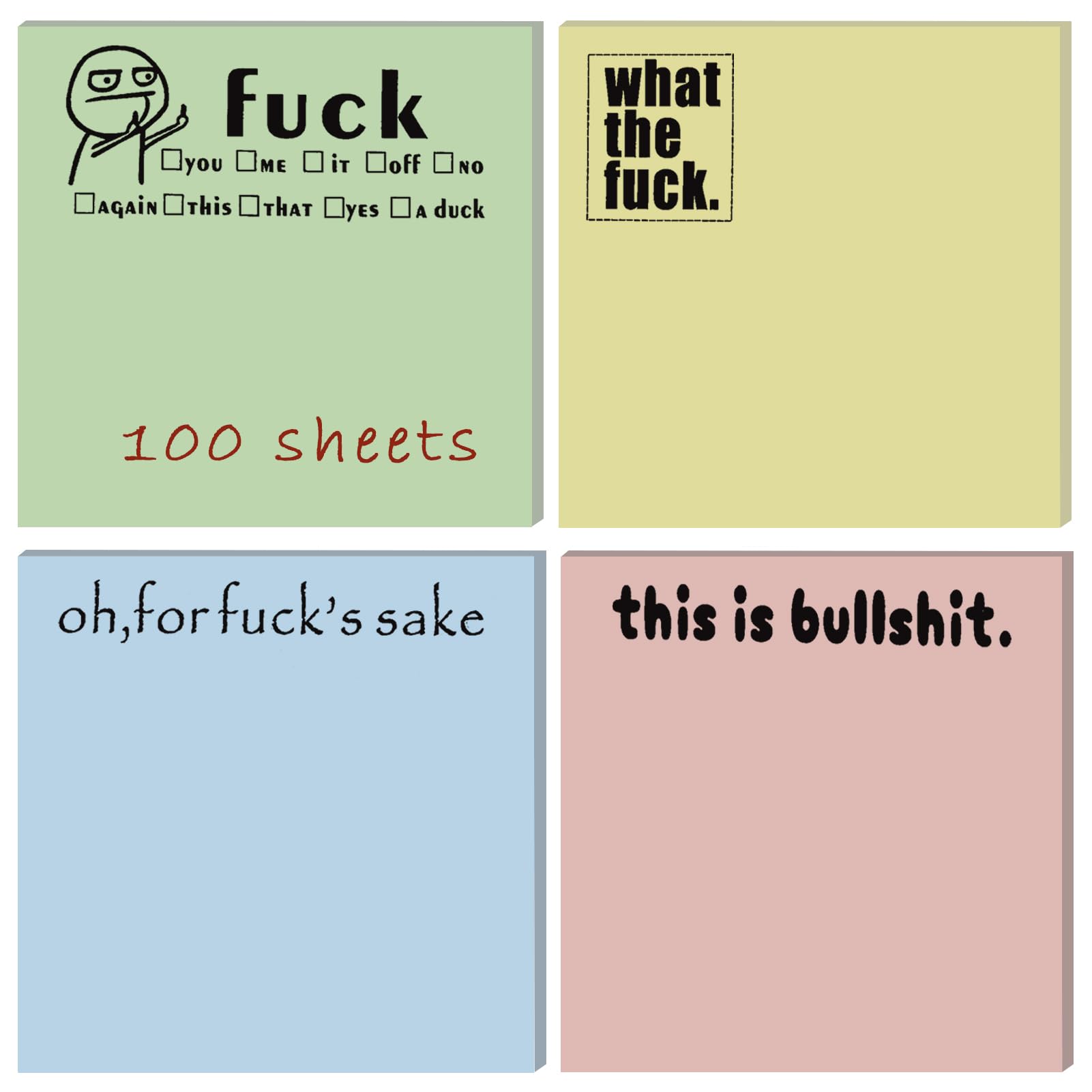4-Pack Funny Sticky Notes for Office & Home - Vulgar Humor Notepads (What The Fxck, Oh for Fuck's Sake) - 4 Color Novelty Post-Its - Perfect Gifts for Coworkers & Friends - Great for Desk Organization, Stress Relief & Pranking
