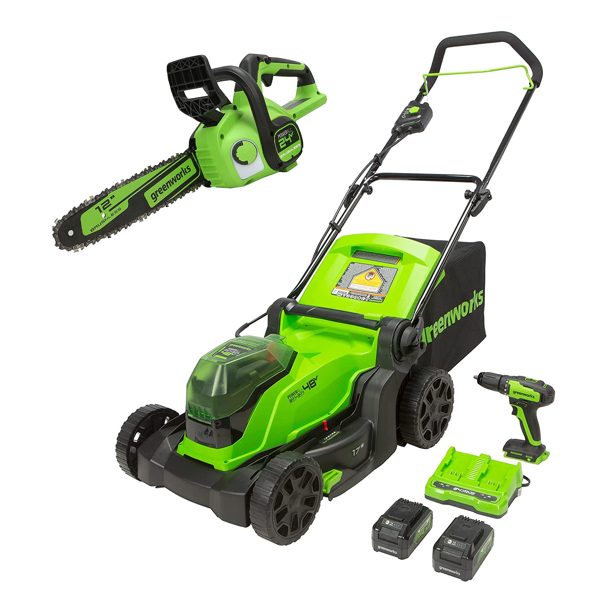 Greenworks 48V 17-Inch Brushless Cordless Lawn Mower with 24V Brushless Drill/Driver & 12-Inch Brushless Chainsaw Combo Kit - Includes (2) 4.0Ah USB Batteries, USB Hub & Dual Port Fast Charger (2 x 24V) - Perfect for Home Lawn Care, DIY Projects & Outdoor Landscaping