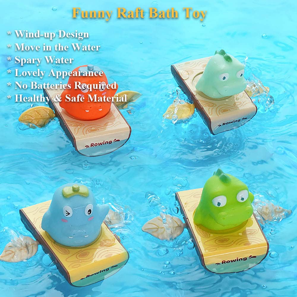 Wind-Up Raft Bath Toy for Kids - Dinosaur & Hippo Floating Boat Toy with Spray Water Function - Fun Bathtub & Pool Water Play Toy for Toddlers (Green Dinosaur) - Perfect for Bath Time, Pool Parties & Indoor Water Play