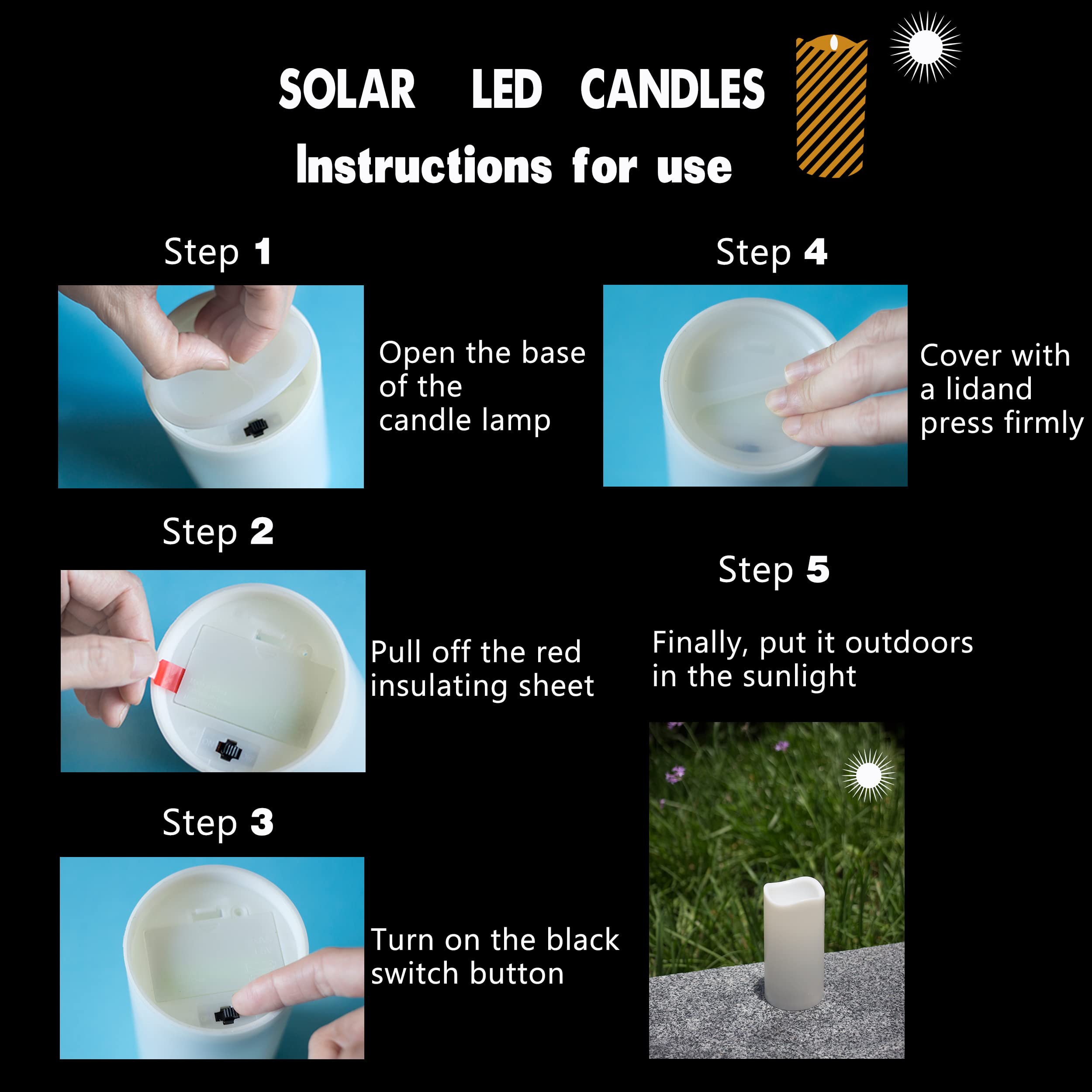 Solar Powered LED Flameless Candles - Waterproof Outdoor Decorative Pillar Candles with Dusk-to-Dawn Sensor (3