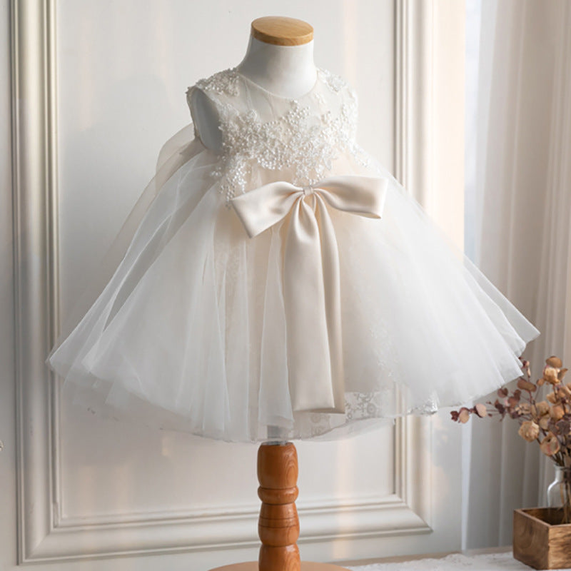 First Communion Dress for Baby Girls - White Lace Christening Gown with Puffy Sleeves | Princess Style Baptism Dress for Church Ceremonies & Special Occasions