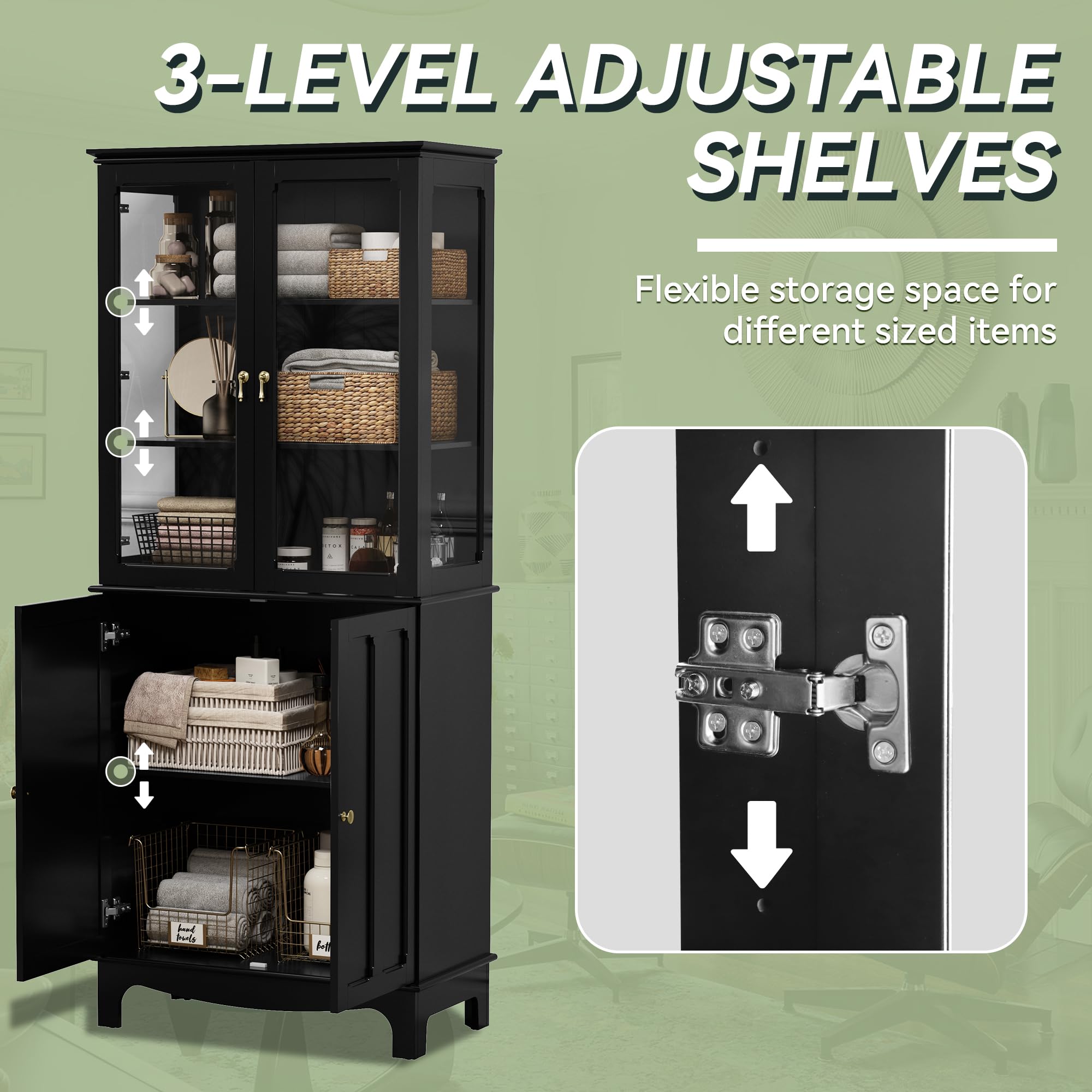 ARTPOWER 72 Inch Freestanding Kitchen Pantry Cabinet - Classic Tall Storage Sideboard with Glass Doors & Adjustable Shelves for Kitchen, Living Room, Dining Room - Black | Perfect for Small Space Organization, Home Decor & Extra Storage Solutions