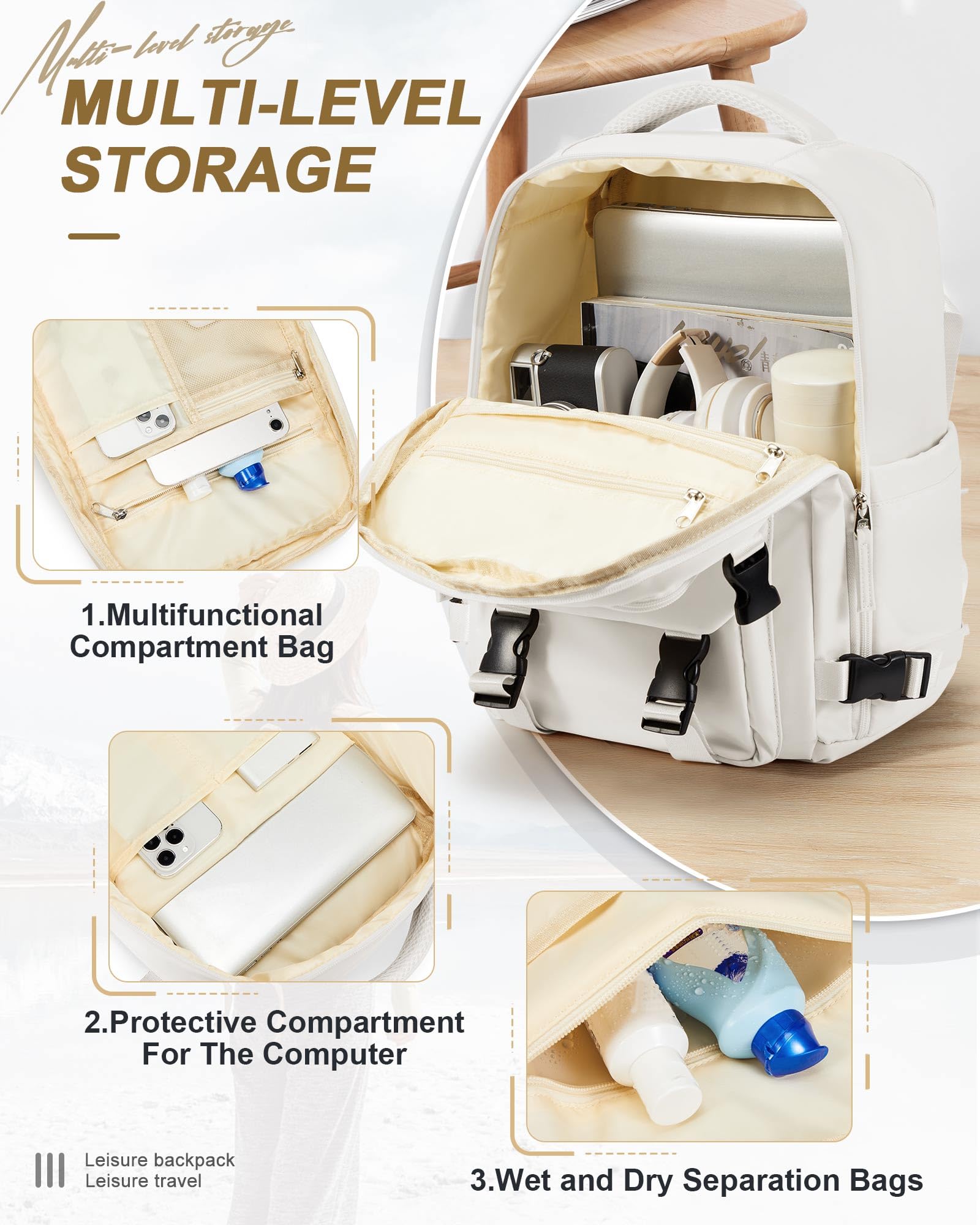 Expandable Flight Approved Travel Laptop Backpack for Women & Men - Waterproof Carry On Backpack for College, Business, Hiking & Weekender Trips (Beige) | Perfect for Air Travel, Commuting & Outdoor Adventures