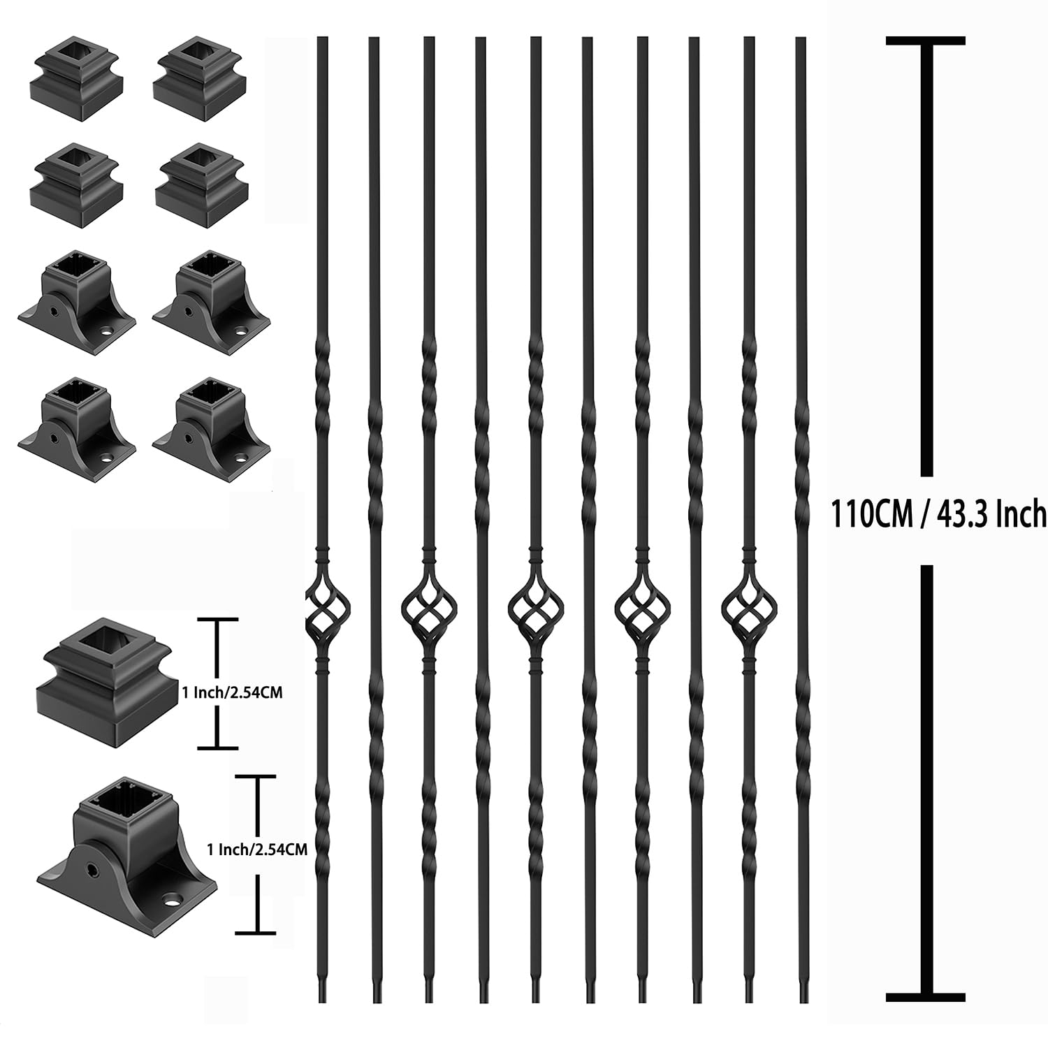 16 Pack Decorative Hollow Iron Balusters for Staircases & Decks - Single Basket & Double Twist Design with 1/2