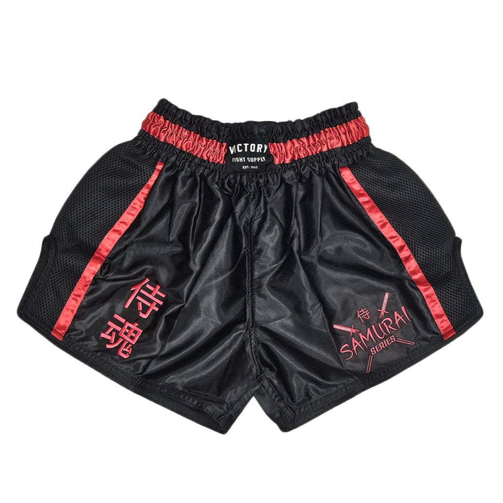 Victory Muay Thai Shorts - Samurai Black/Red - Premium MMA & Kickboxing Training Gear for Fighters & Athletes