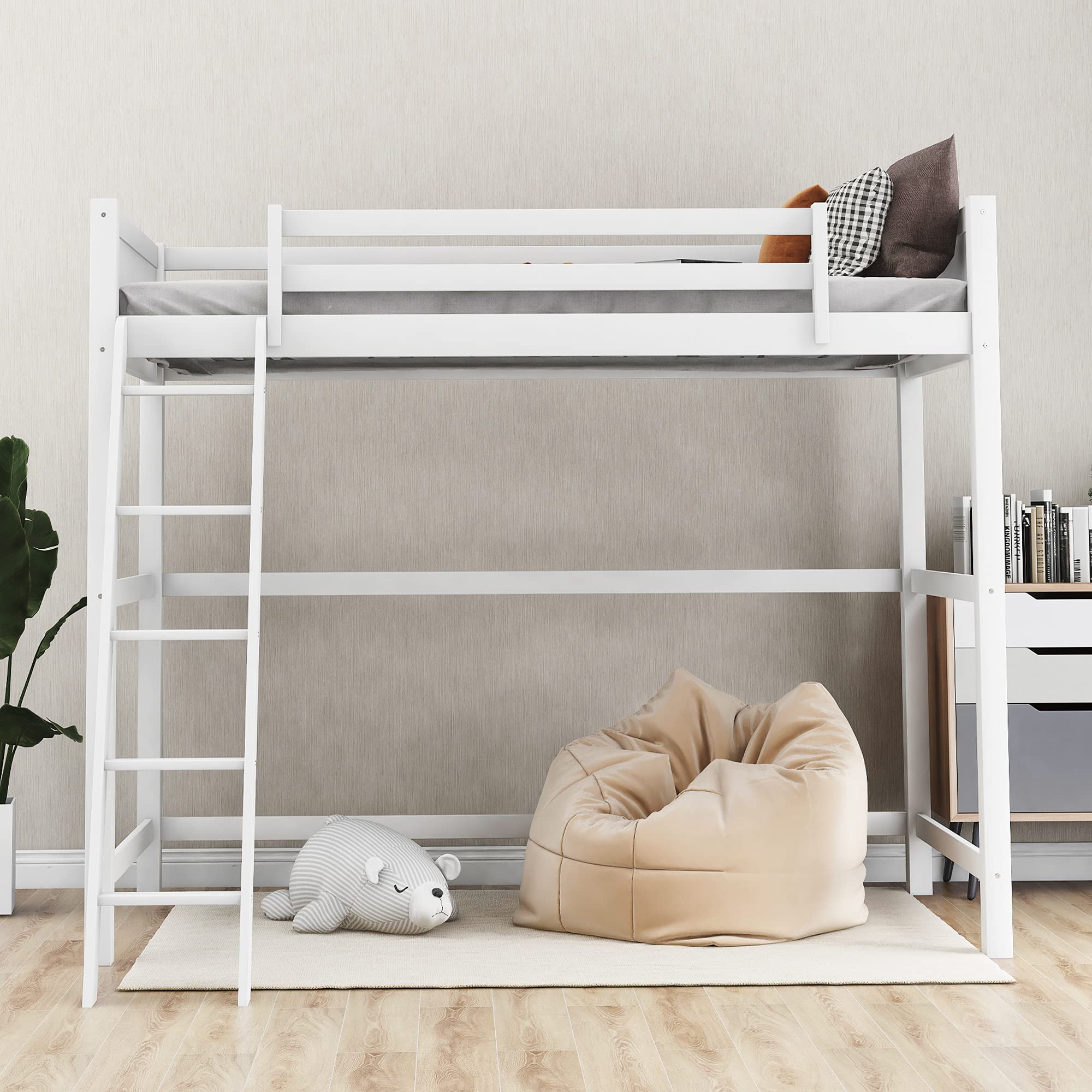 P PURLOVE Twin Loft Bed Frame - Sturdy Wooden Bunk Bed with Angled Ladder & Safety Rails, Space-Saving Kids Bedroom Furniture (White) - Perfect for Small Rooms, Dorms & Apartments