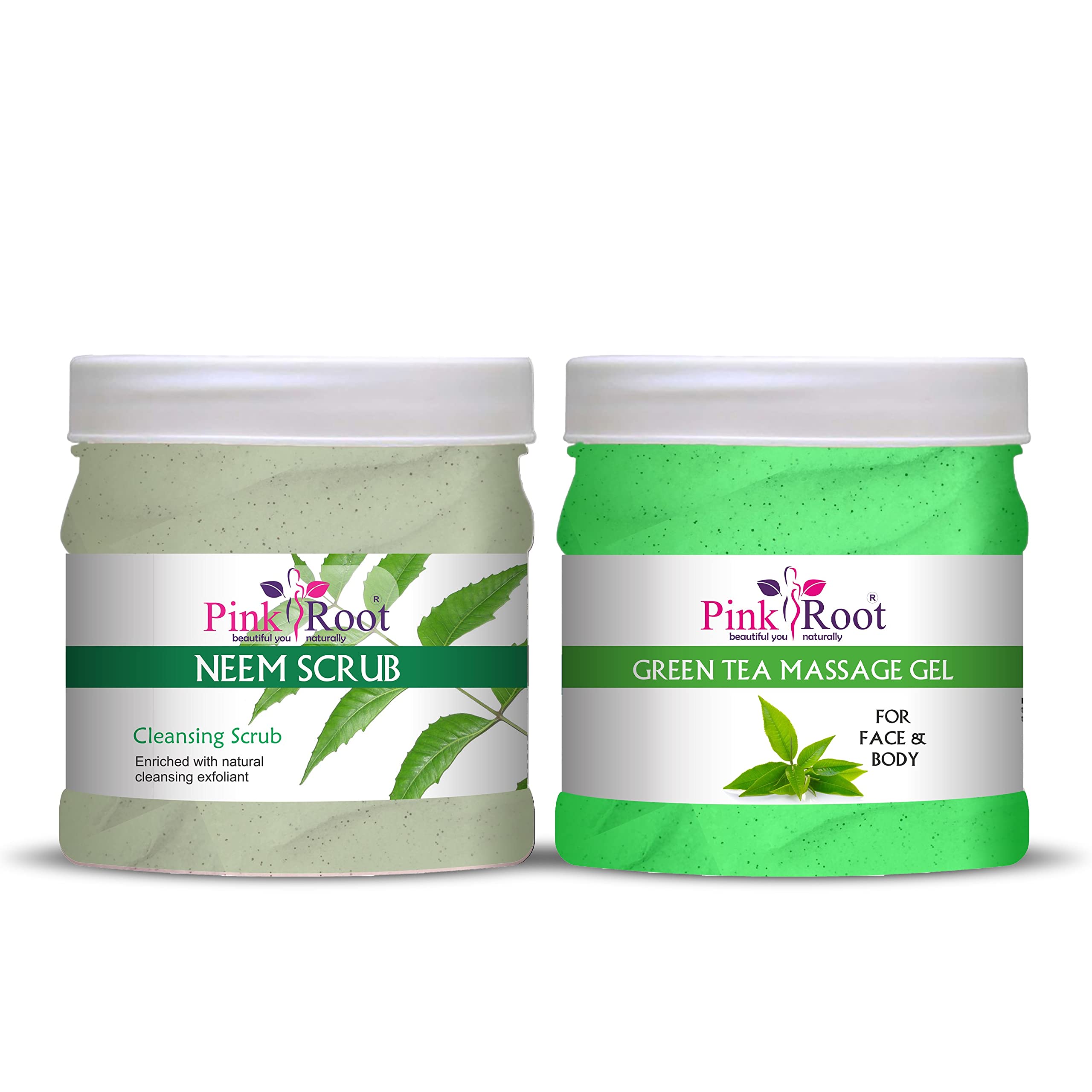 Pink Root Green Tea Massage Gel & Neem Scrub Set - 500ml Each for Relaxation & Skin Exfoliation | Spa & Home Self-Care Essential