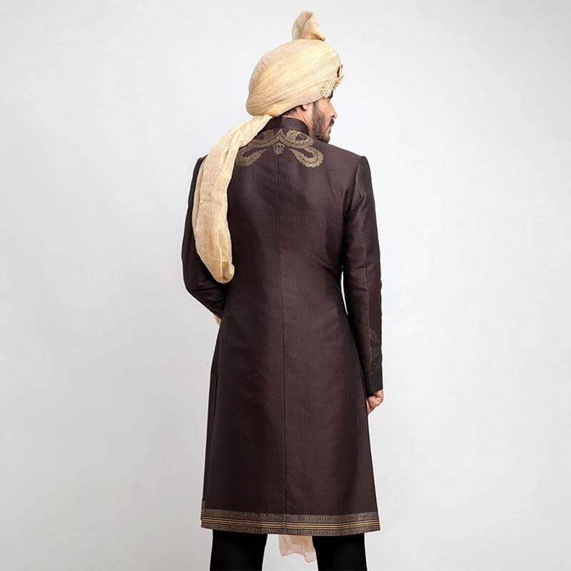 Elegant Chocolate Brown Brocade Sherwani for Men - Perfect for Weddings, Festivals & Special Occasions