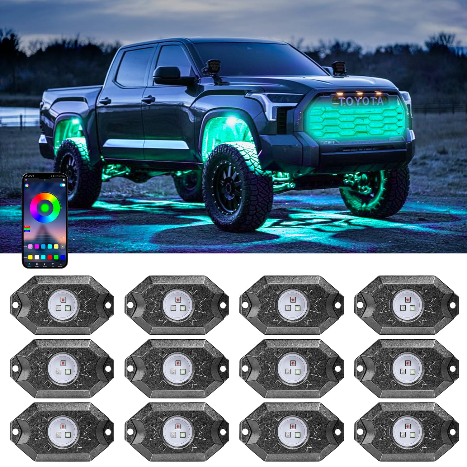 YCHOW-TECH RGB LED Rock Lights Kit - 12 Pods Multicolor Underglow Neon Lights with Bluetooth App Control, Music Sync & Timer | IP68 Waterproof Wheel Well Lighting for ATV, UTV, Off-Road Vehicles | Perfect for Night Rides, Car Shows & Off-Road Adventures