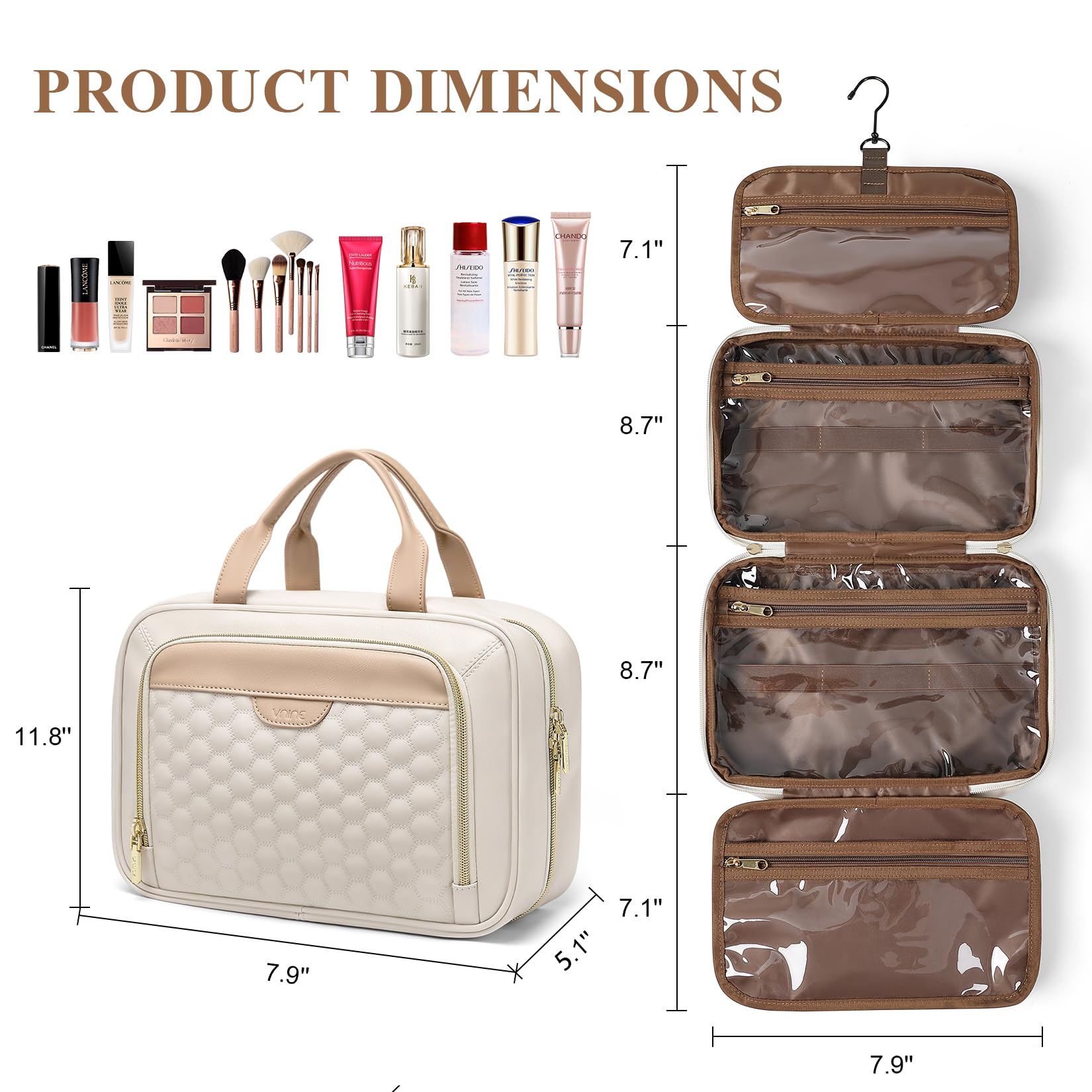 Vegan Leather Cosmetic Travel Bag for Women - Water-Resistant Toiletry Organizer with Multiple Pockets - Perfect for Vacation, Gym & Airplane Essentials (White)