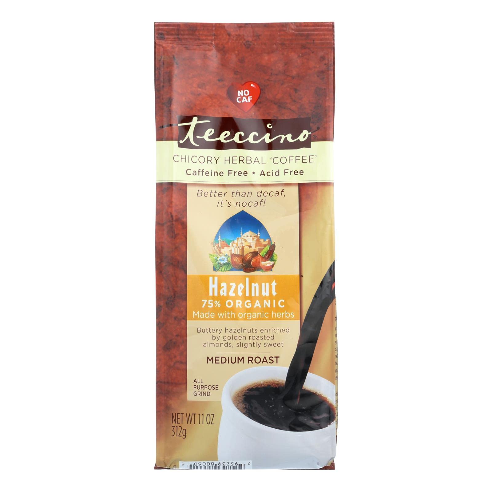 Teeccino Mediterranean Herbal Coffee Hazelnut Flavor - 11 oz (Pack of 6) | Caffeine-Free Coffee Alternative | Perfect for Morning Brew & Afternoon Relaxation