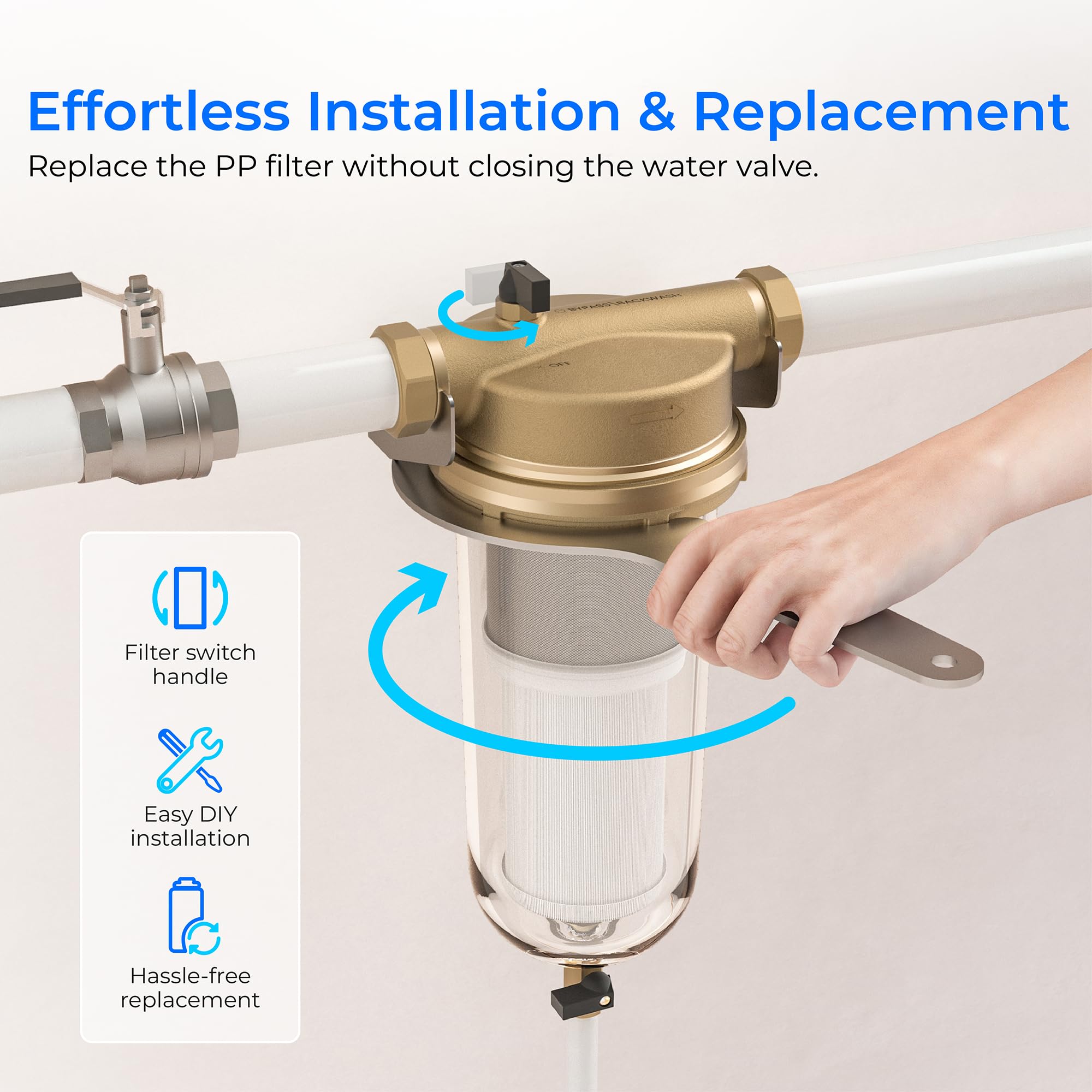 Waterdrop Mega Spin Down Sediment Filter - Reusable Whole House Water Filtration System with 100 Micron & 5 Micron PP Filters | BPA Free | 1