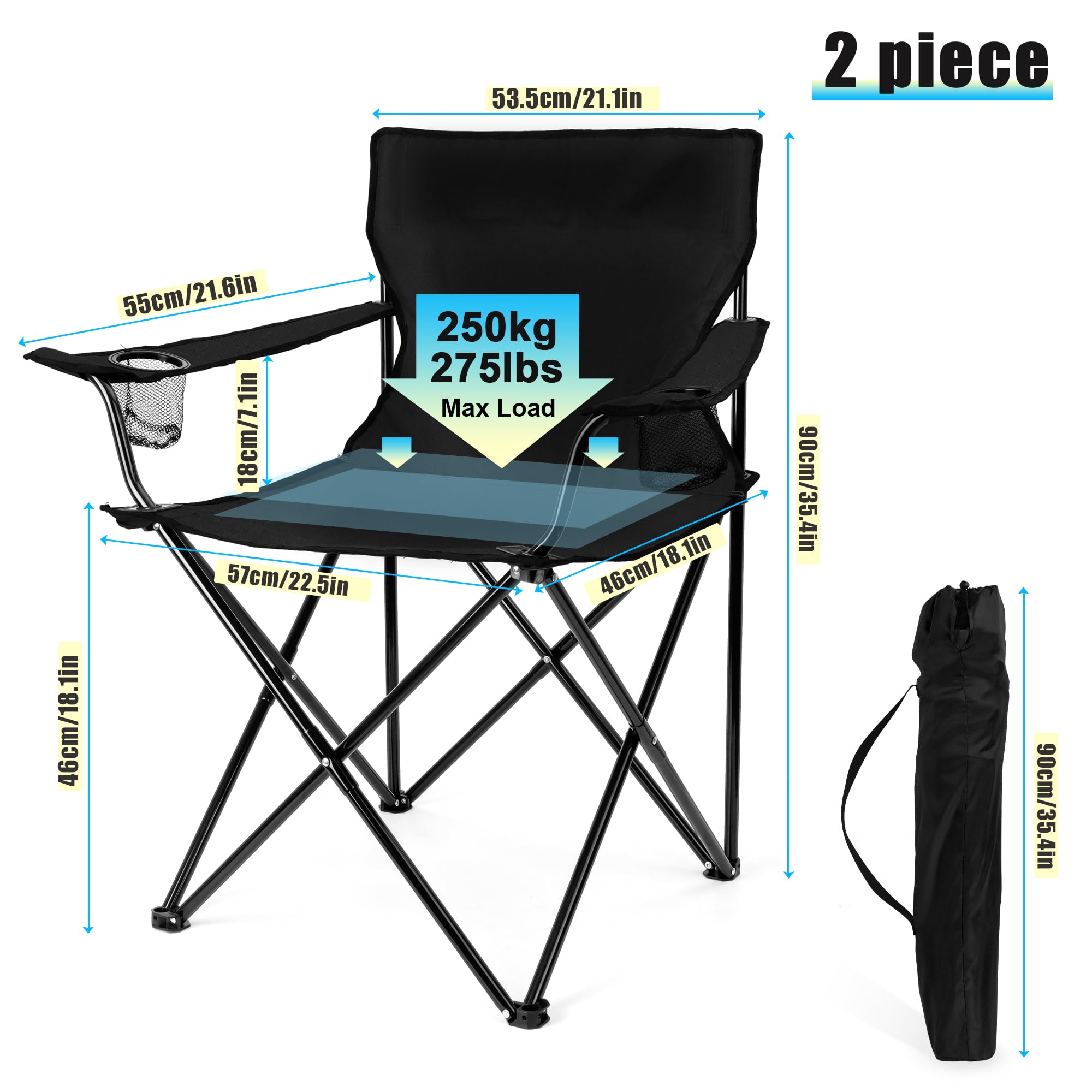 HaSteeL 2-Pack Foldable Camping Chairs for Adults - Heavy Duty 275lbs Capacity Portable Folding Lawn Chairs with Storage Bags - Perfect for Outdoor Camping, Fishing, Hiking, Beach, Picnic & Travel (Black)