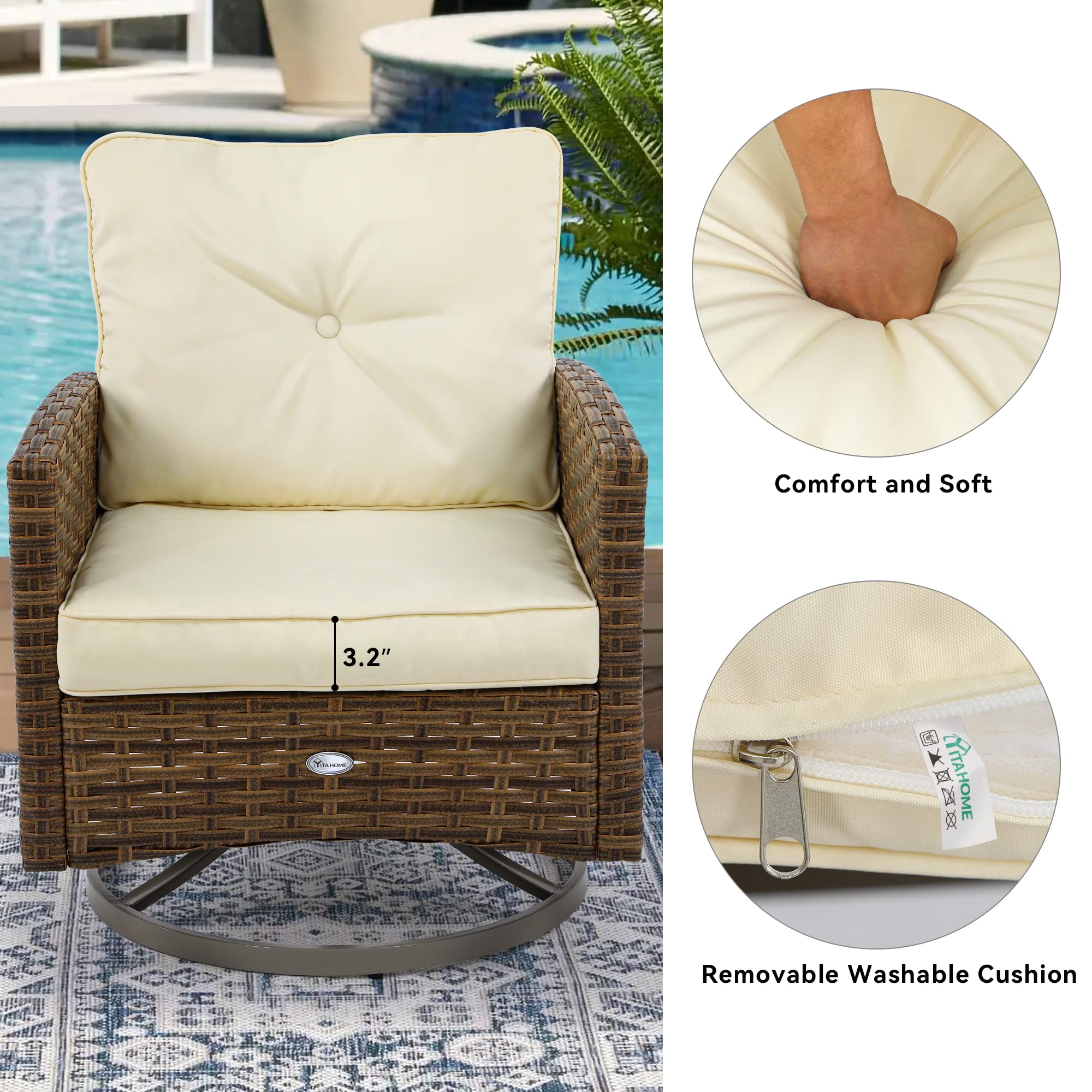 YITAHOME 3-Piece Outdoor Patio Furniture Set - Wicker Rocking Chairs with Cushions & Side Table - Tan Rattan Conversation Bistro Set for Garden, Backyard, Balcony - Perfect for Relaxing, Entertaining & Enjoying Coffee Outdoors