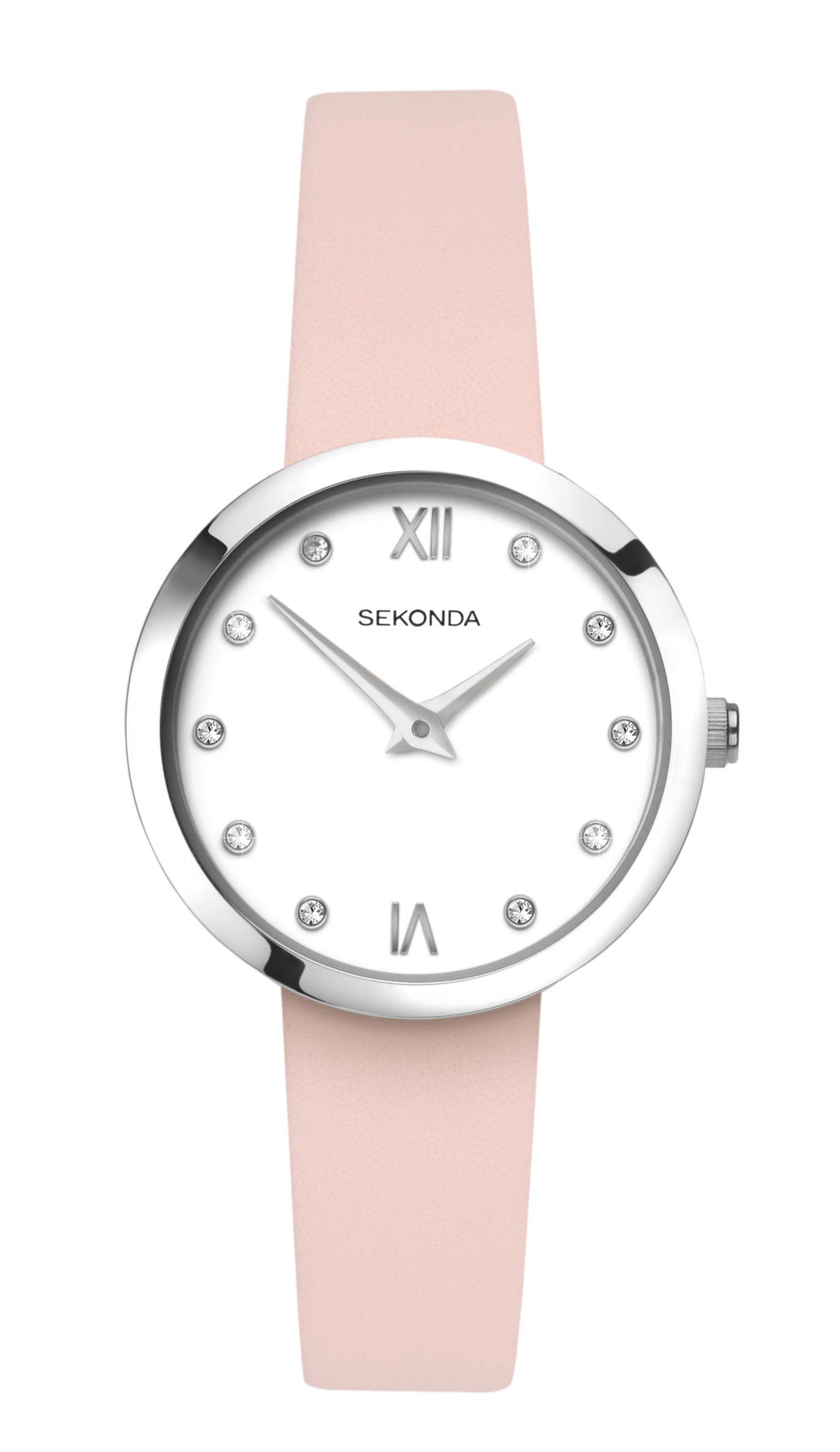 Sekonda Women's 30mm White Stone Set Dial Watch with Roman Numerals & Pink Leather Strap 2760 - Perfect for Office, Date Night & Everyday Wear