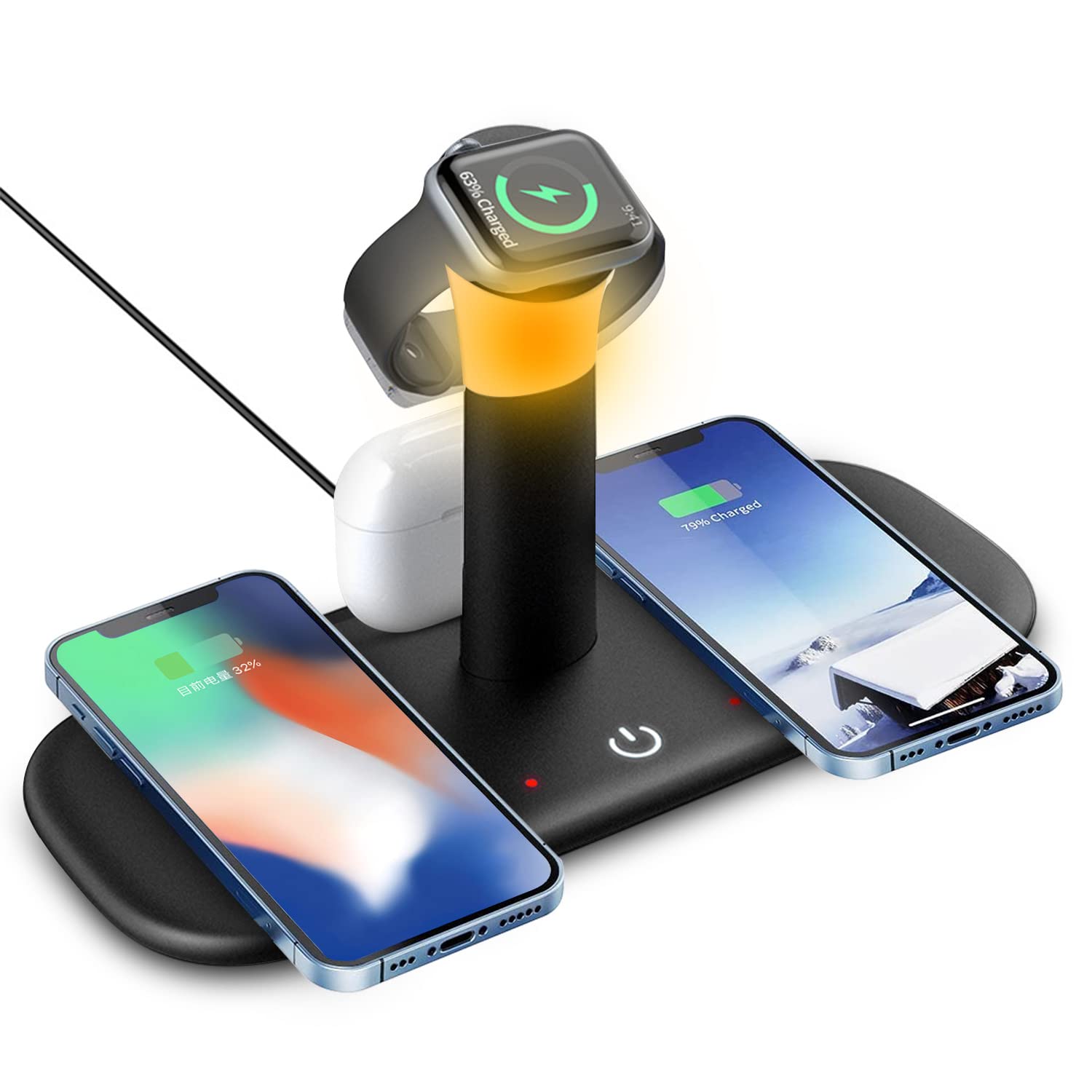 4-in-1 Wireless Charger for iPhone, Apple Watch & AirPods - Fast Charging Station with Night Light (Black) - Perfect for Bedside & Office Use