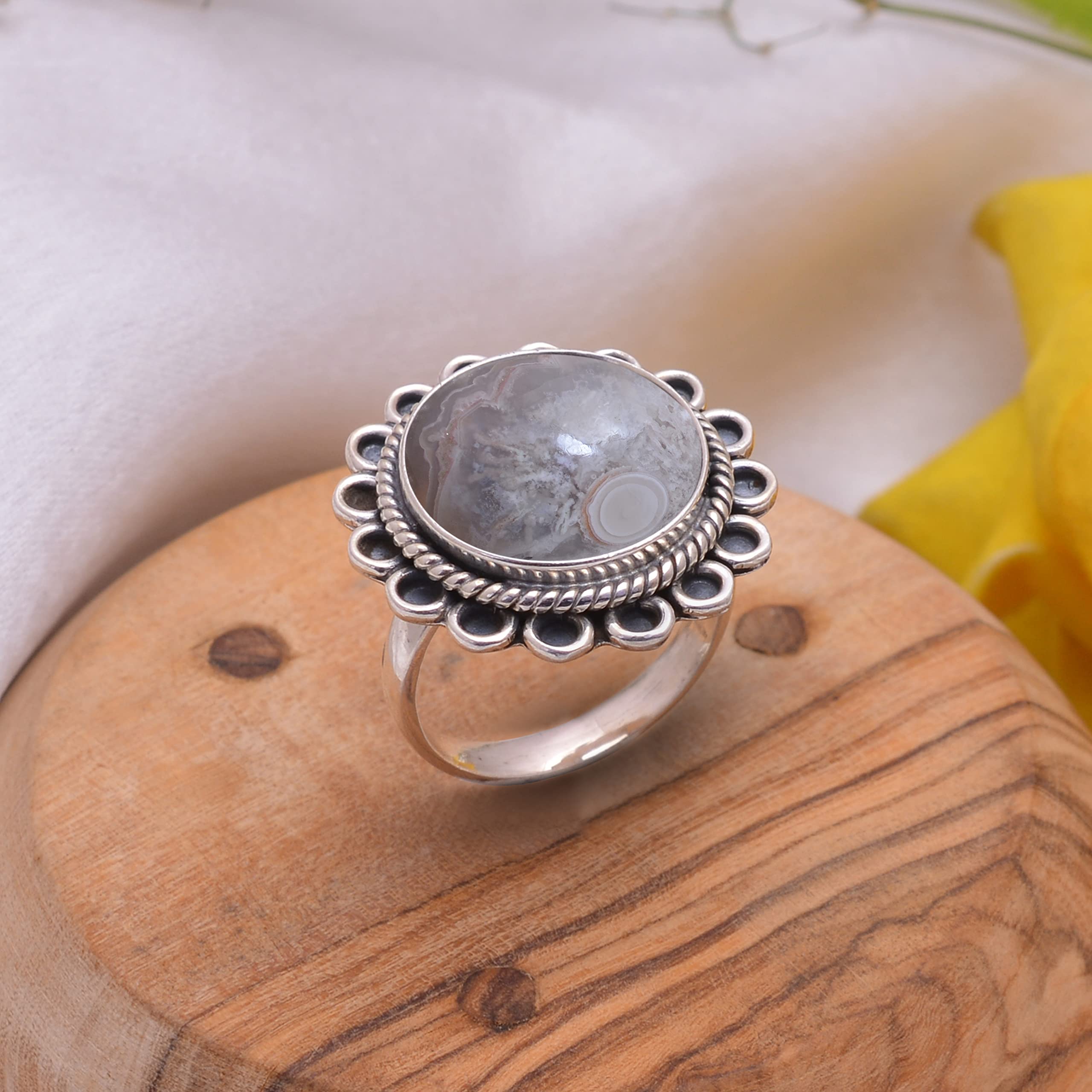 Veracity Jewelry Crazy Lace Agate Rings for Women - 925 Sterling Silver Healing Meditation Rings with Natural Brown White Gemstone - VSR-670 | Spiritual Jewelry, Yoga Accessories, Gift for Her