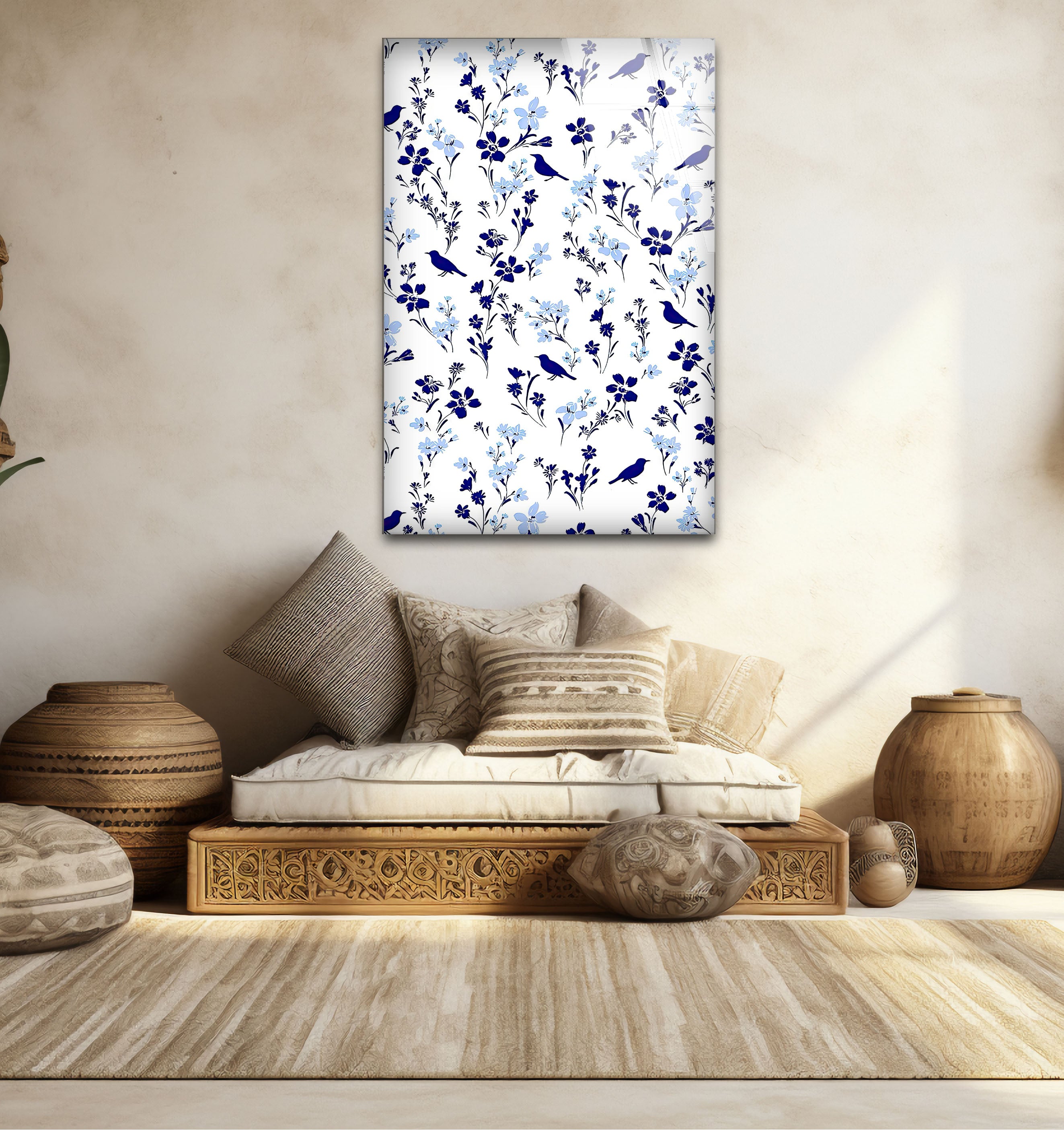 Blue Bird and Wildflower Wall Art Print - Elegant Floral Glass Decor for Nature Lovers | Perfect for Living Room, Bedroom & Office Decor