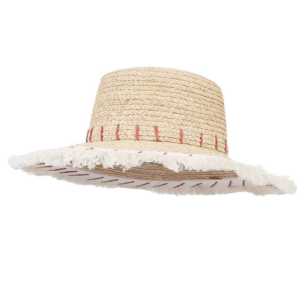 SHZBCDN Women's Wide Brim Straw Hat - Natural Raffia Summer Beach Sun Hat with Fringe Trim, Adjustable 55-58cm - Perfect for Vacation, Pool Party & Outdoor Activities (Color A)