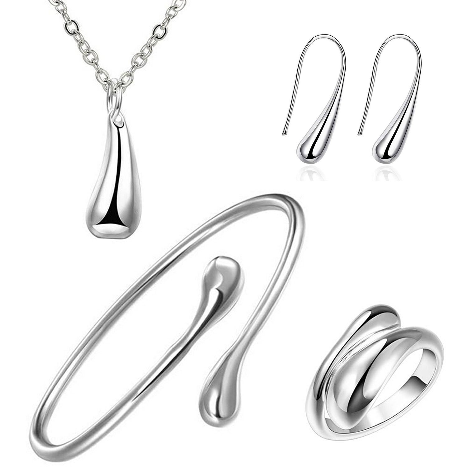 SunshineM 925 Sterling Silver Plated Teardrop Earrings, Pendant, Bracelet & Ring Jewelry Set for Women - Perfect for Weddings, Parties & Everyday Elegance