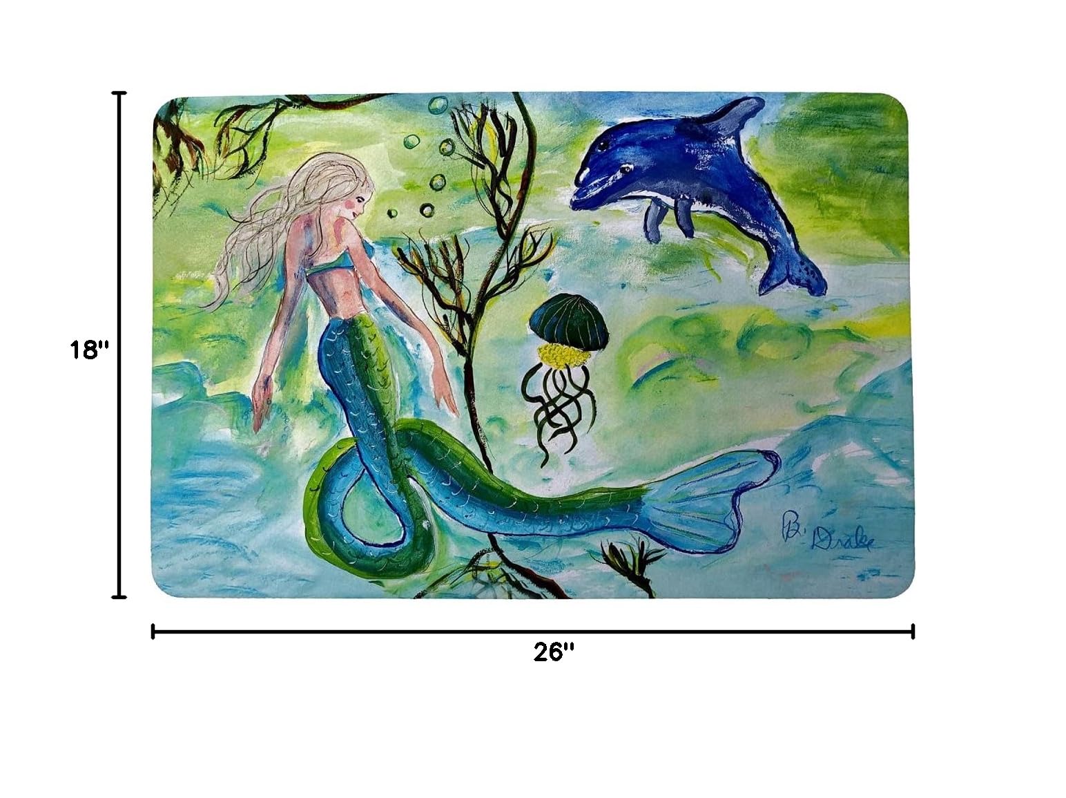 Betsy Drake Mermaid and Jellyfish Small Non-Slip Doormat - Waterproof Indoor/Outdoor Entryway Rug for Home, Porch, Patio, and Poolside Decor