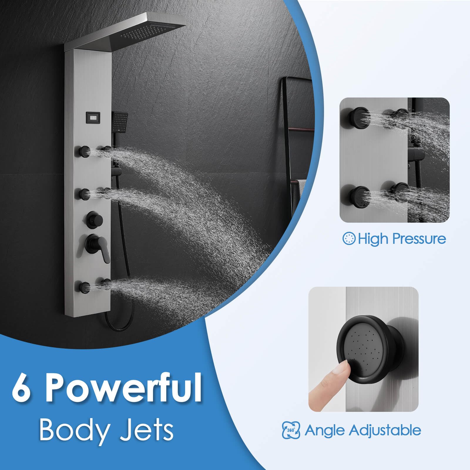 ROVOGO Stainless Steel Shower Panel Tower System - 6 Body Jets, Rainfall & Waterfall Shower Head, Handheld Sprayer, Temperature Display, Brushed Black Fixtures - Perfect for Luxury Bathroom Renovation & Spa-Like Shower Experience
