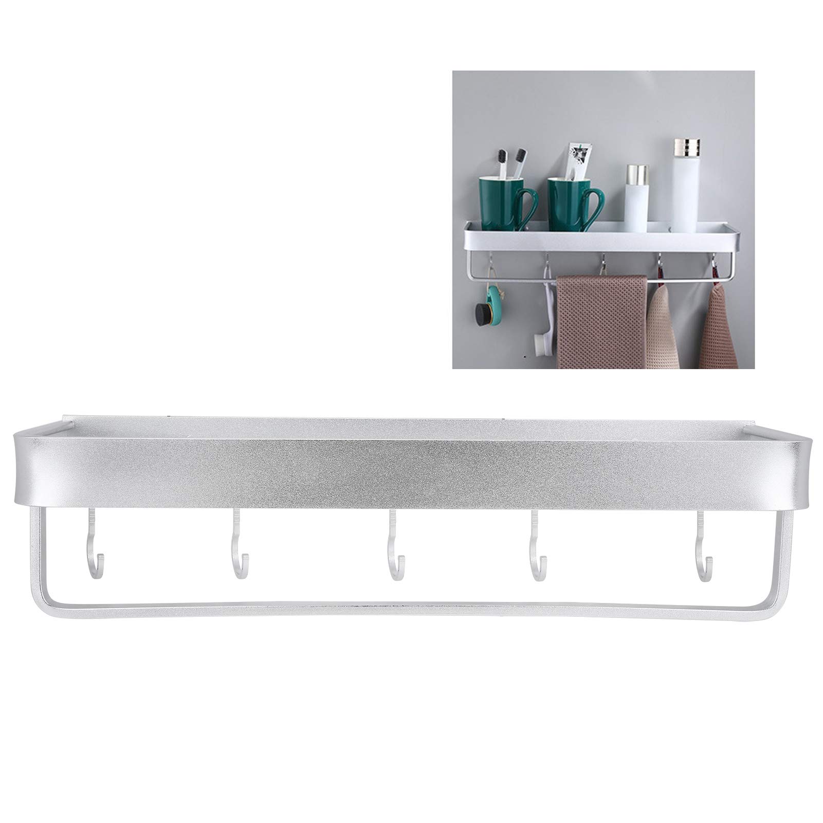 Wall Mount Aluminum Shower Shelf - Single Layer Bathroom Storage Rack with Hanging Rod & Hooks (50cm) - Perfect for Organizing Shampoo, Soap & Towels in Small Bathrooms