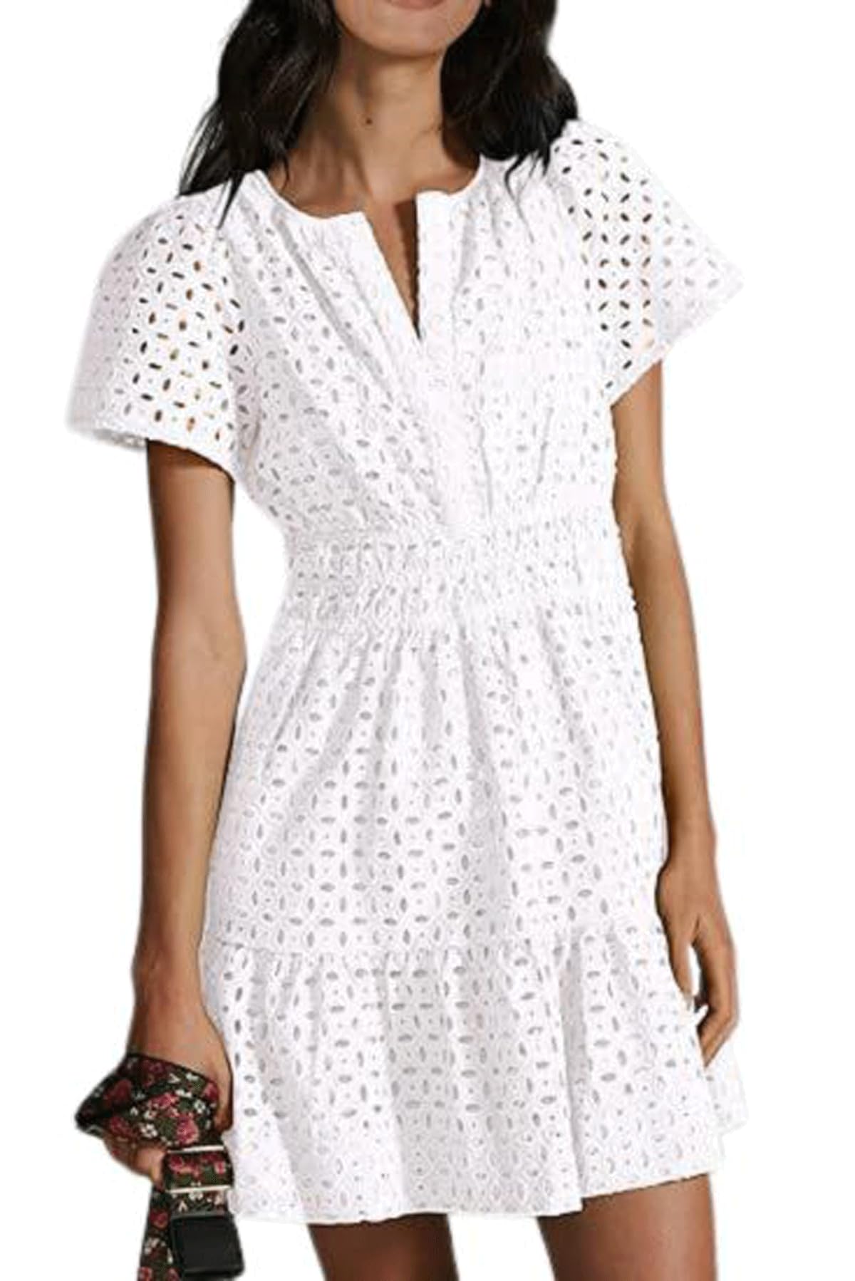 UTCoco Women's Lace Eyelet Mini Dress - 2025 Casual V-Neck Short Sleeve Boho Sundress with Smocked Waist & Tiered Skirt | Perfect for Beach Vacations, Summer Parties & Boho Fashion