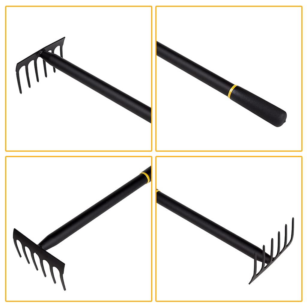 6-Tine Manganese Steel Garden Rake with Comfortable Grip - Durable Black Hand Rake & Small Tiller Tool for Weeding, Soil Aeration, and Garden Maintenance