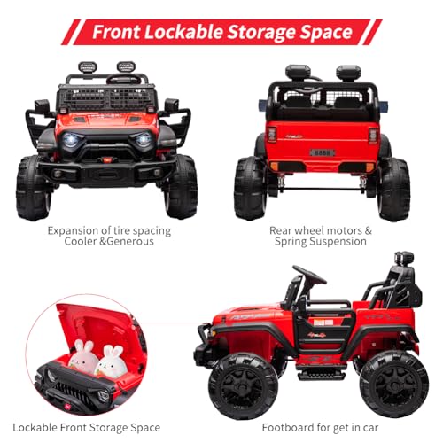 GARVEE 24V Electric Ride On Truck for Kids - 2 Seater Remote Control Car with LED Lights, Music & Horn, Large Storage Space & Cup Holder - Toddler Toy Vehicle for Ages 3-8 (Red) | Perfect for Outdoor Play, Birthday Gifts & Family Fun Activities