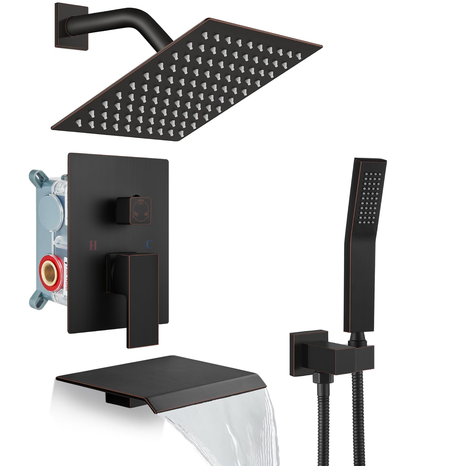 Gotonovo 8-Inch Oil Rubbed Bronze Rain Shower Faucet System Set - Wall Mounted Rainfall Shower Head with Handheld Sprayer, Waterfall Tub Spout, Mixer Combo, Rough-in Valve & Trim - Perfect for Modern Bathroom Renovation & Spa-Like Shower Experience