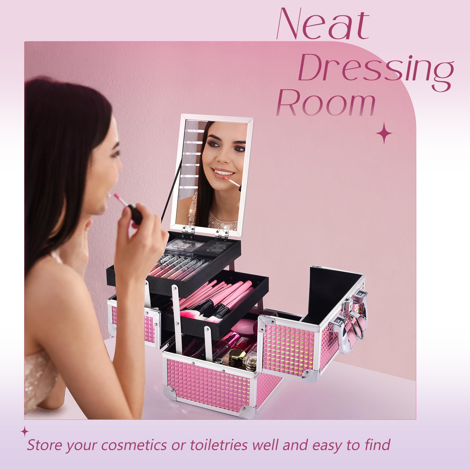 Professional Makeup Train Case with Mirror & Lock - Portable Cosmetic Organizer Box for Cosmetologists, Aestheticians & Nail Techs - 2-Tier Storage with Travel Handle - Mermaid Pink - Perfect for Salon, Travel & Makeup Artist Kits