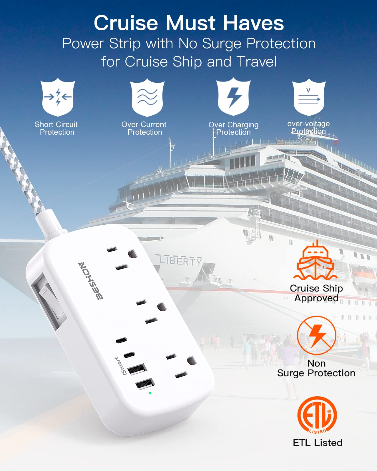 5FT Flat Plug Extension Cord with 6 Outlets & 4 USB Ports (2 USB C) - Cruise Ship, Dorm Room Travel Essentials - Perfect for Charging Multiple Devices On The Go