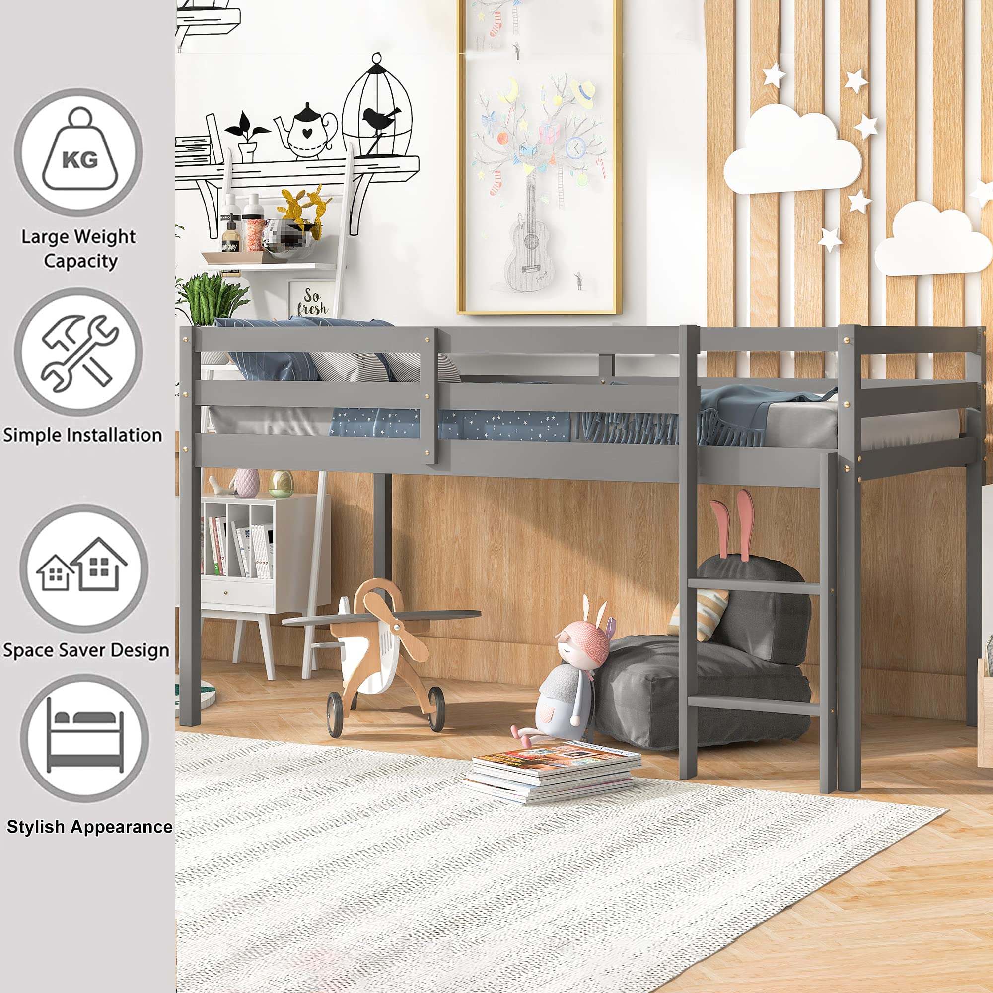 **Solid Wood Twin Loft Bed for Kids with Ladder & Guard Rail - Sturdy Low Bunk Bed Frame for Boys & Girls - No Box Spring Needed - Easy Assembly (Grey) - Perfect for Small Bedrooms, Dorms & Kids' Rooms**