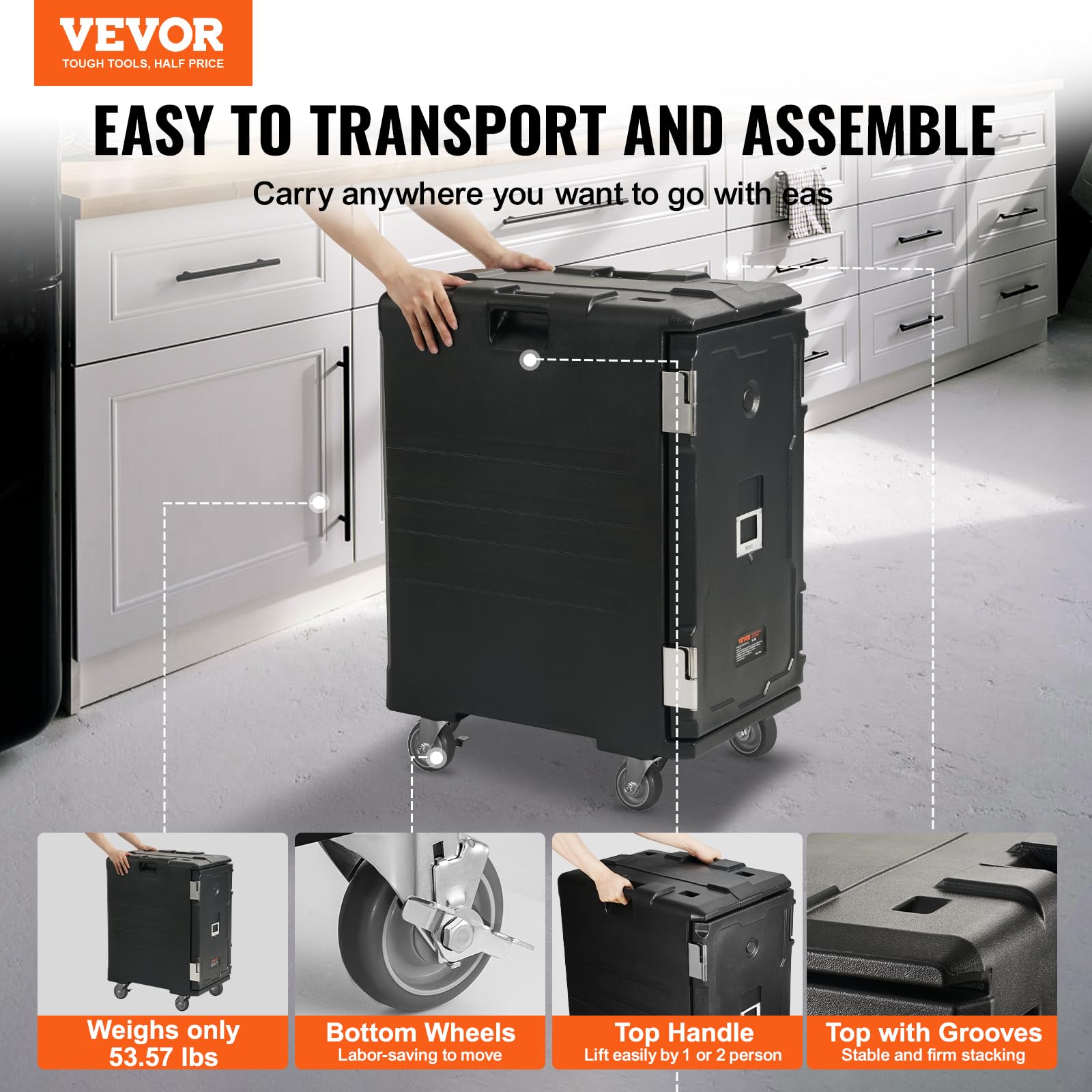 VEVOR Insulated Food Pan Carrier 126 Qt Hot Box - Double Buckle Front Loading Food Warmer with Wheels & Handles for Catering, Restaurants, Canteens | Keep Meals Hot During Transport & Events